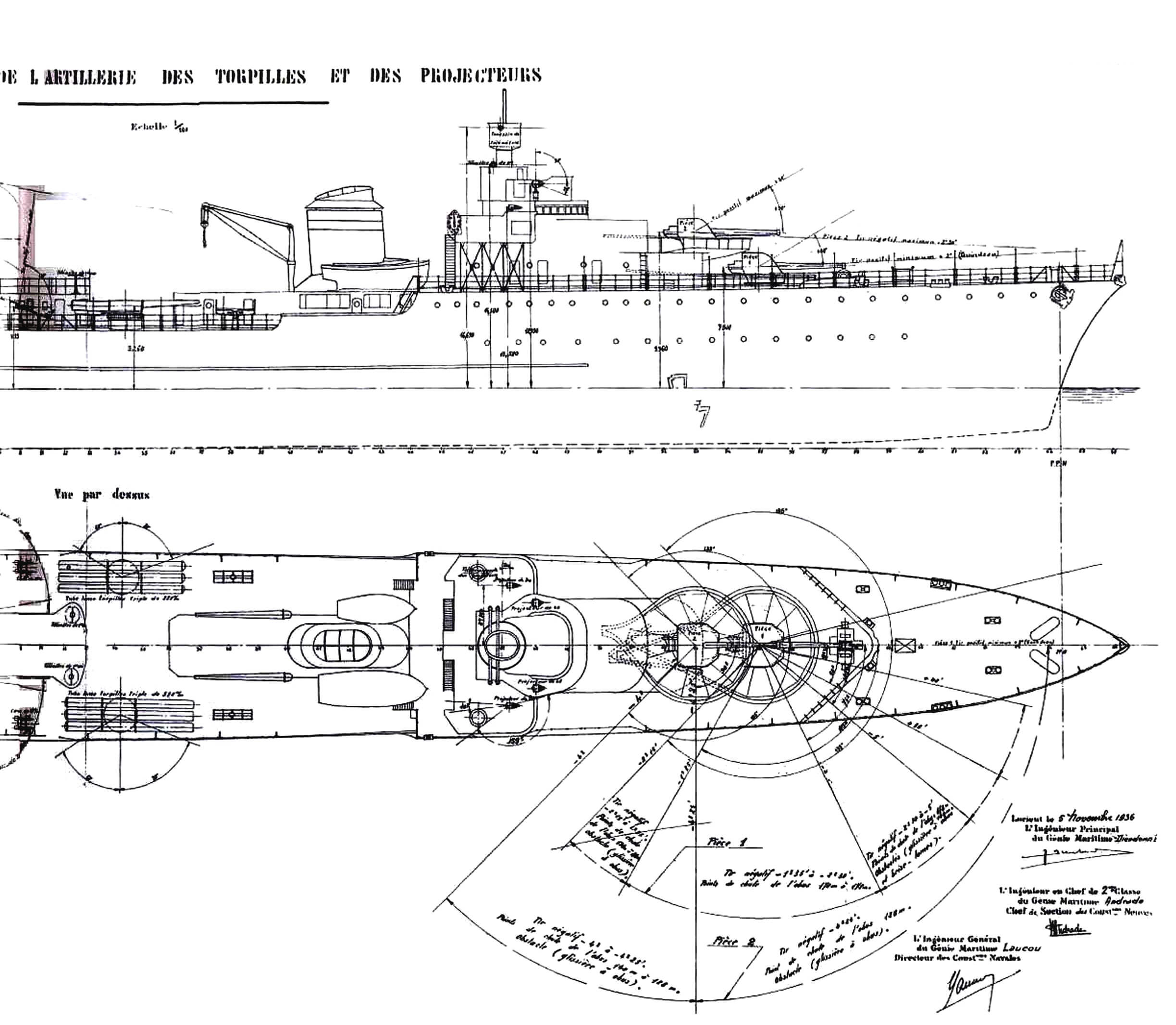 Схема размещения вооружения на лидерах типа «Ле Фантаск» с указанием углов обстрела (копия оригинального чертежа)