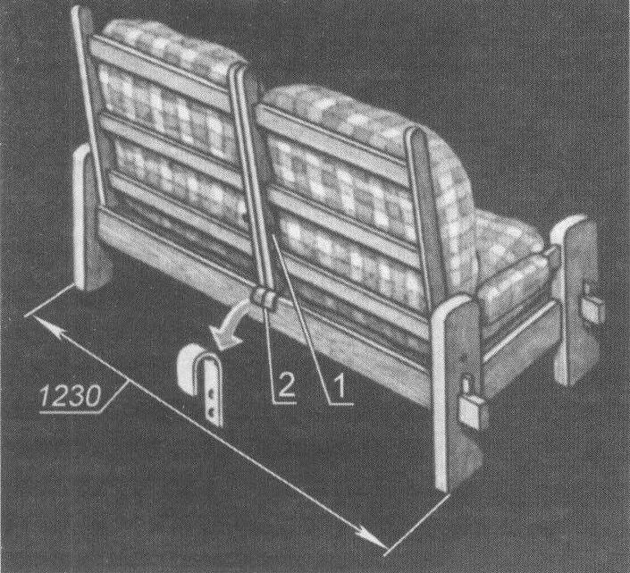 Вариант двухместного кресла: 1 - болт М6 (3 шт.); 2 - опорный крюк (сталь 3x20x80 мм, 2 шт.)