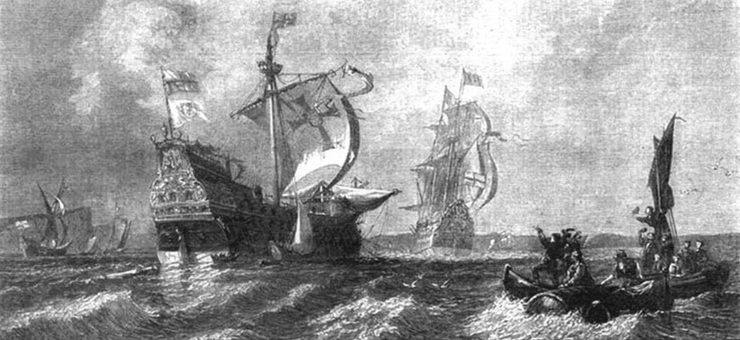 «Ривендж» под командованием Дрейка захватывает брошенный командованием поврежденный галеон «Нуестра Сеньора дель Росарио» (гравюра XIX века)