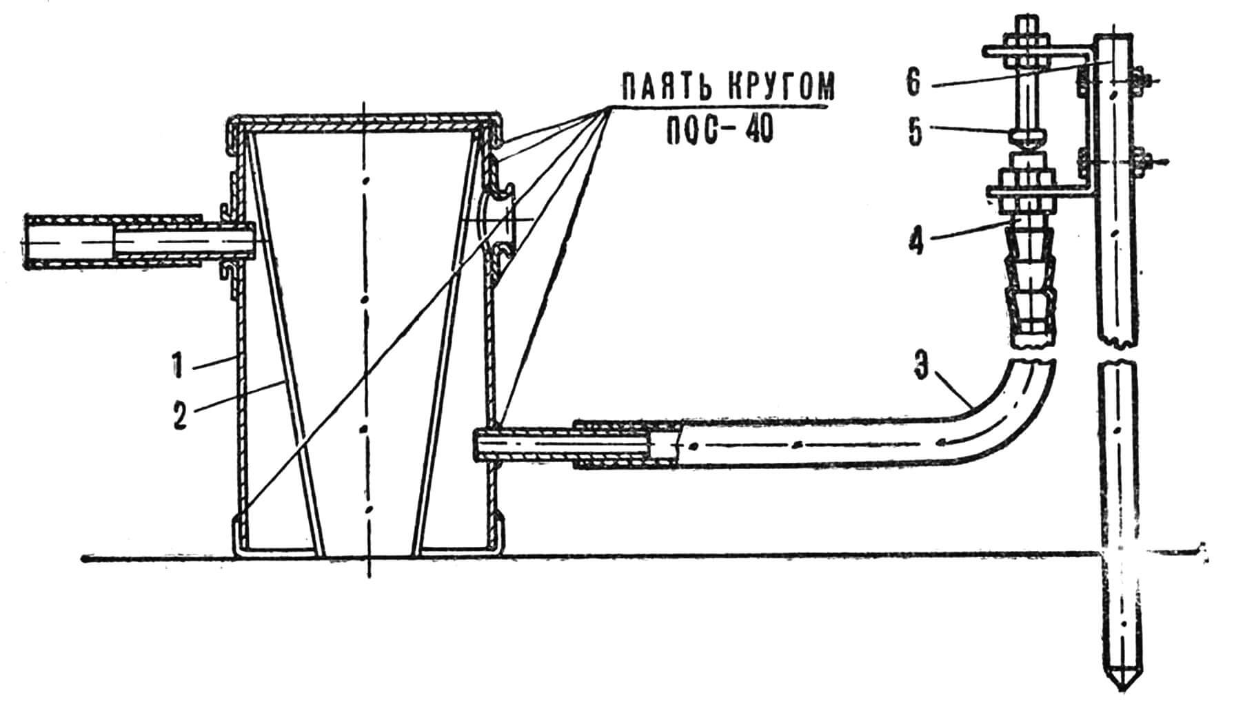 Рис. 1. Общий вид и чертеж короткоструйной дождевальной установки: 1 — подкормочный бачок, 2 — решето, 3 — шланг, 4 — сопло, 5 — конус, 6 — стойка.