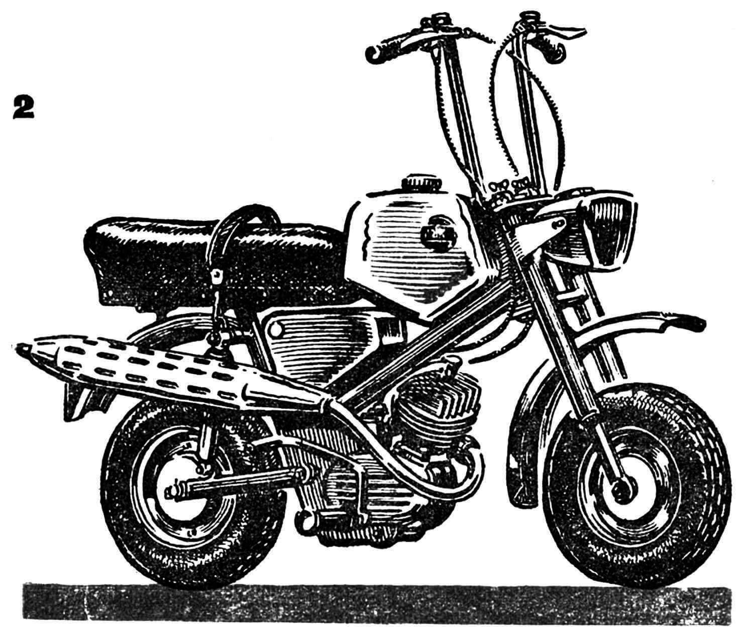 Микромотоцикл заводского изготовления (Италия) с двигателем 49 см3. Вес машины — 50 кг, скорость — до 60 км/час. Руль складывается вдоль, что сразу намного уменьшает габариты микромотоцикла. Шины — размером 3,50x8, на штампованных дисках.