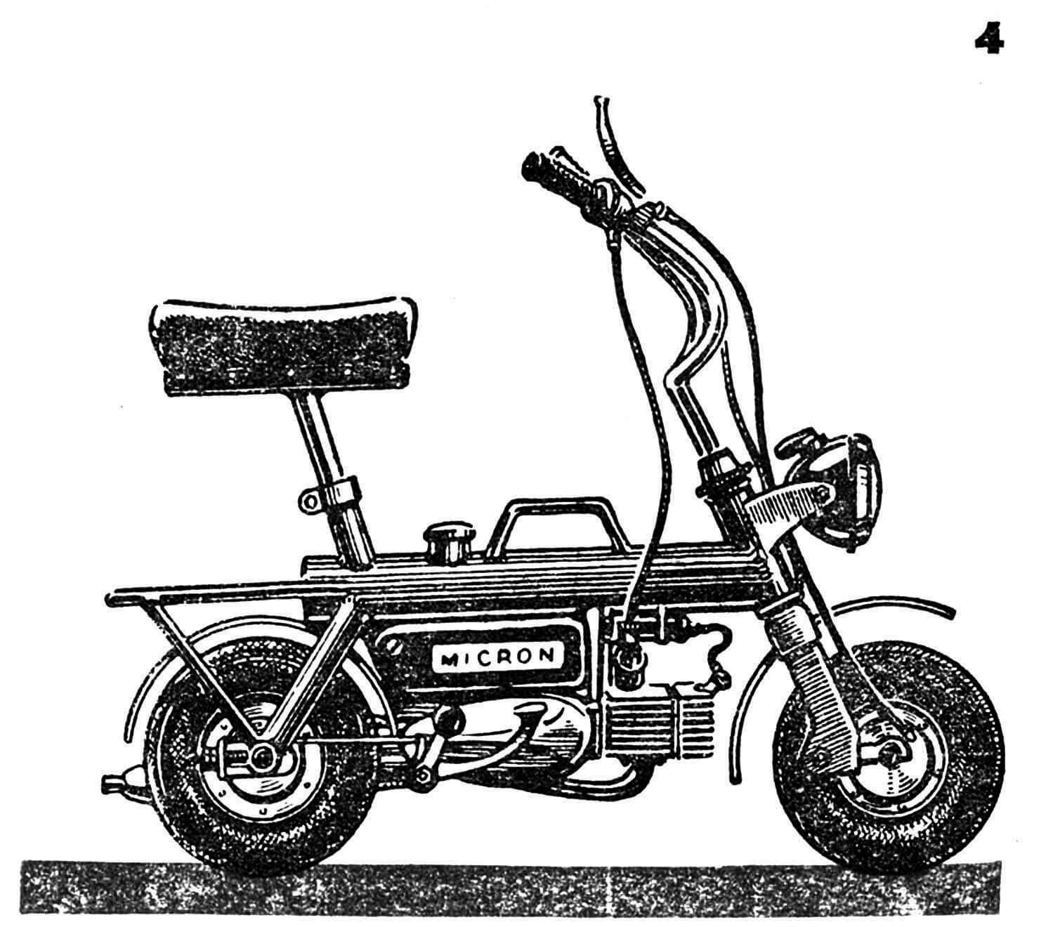 Микромотоцикл любительской постройки (СССР). Упрощенная конструкция, с двигателем от мотоцикла ЯВА-50. Рама самодельная, трубчатая. Центральная часть ее использована в качестве топливного бака. Руль и седло выдвижные, вес машины — 32 кг.