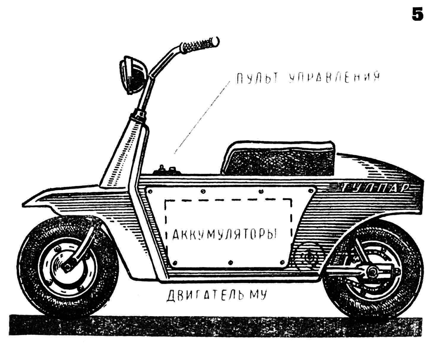 Микромотороллер «Тулпар» с электромотором (СССР), построенный на ЦСЮТ Казахской ССР. Источник тока — аккумуляторная батарея на 24 в, расположенная в средней части машины. Двигатель МУ-431 с цепным приводом на заднее колесо. Вес машины с аккумулятором — 60 кг.