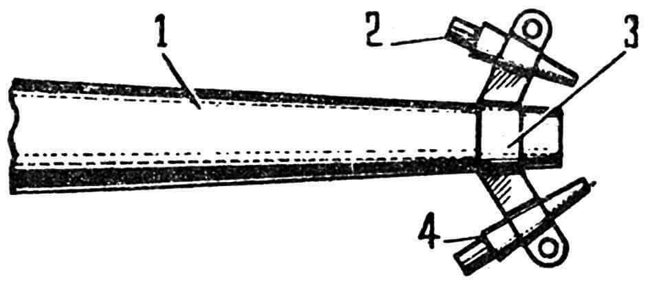 Рис. 5. Универсальный наконечник: 1 — конусный наконечник, 2 — распылитель, 3 — кронштейн-держатель, 4 — распылитель.