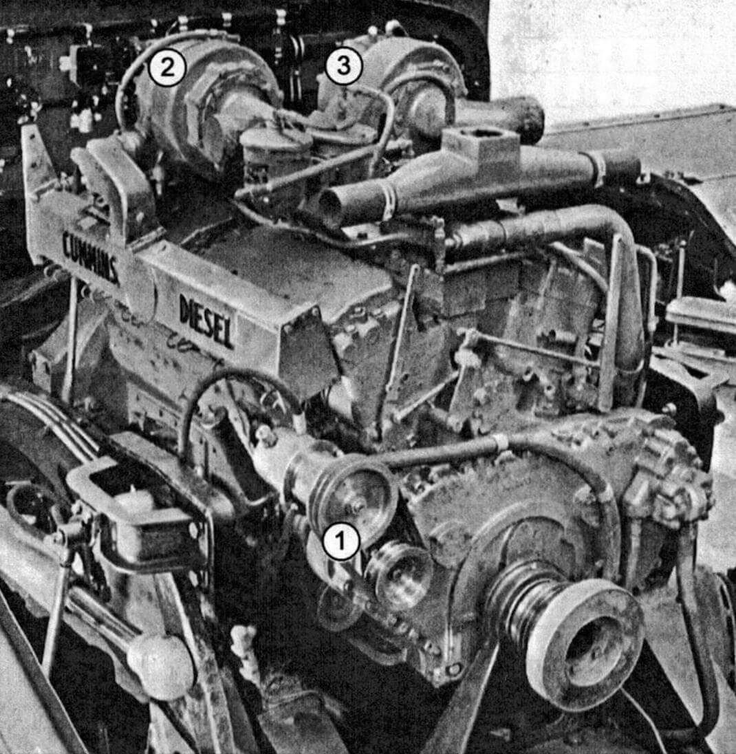 Двигатель Cummins: 1 - гидронасос сервоприводов; 2 и 3 - турбокомпрессоры для повышения мощности двигателя, по одному на каждый ряд цилиндров