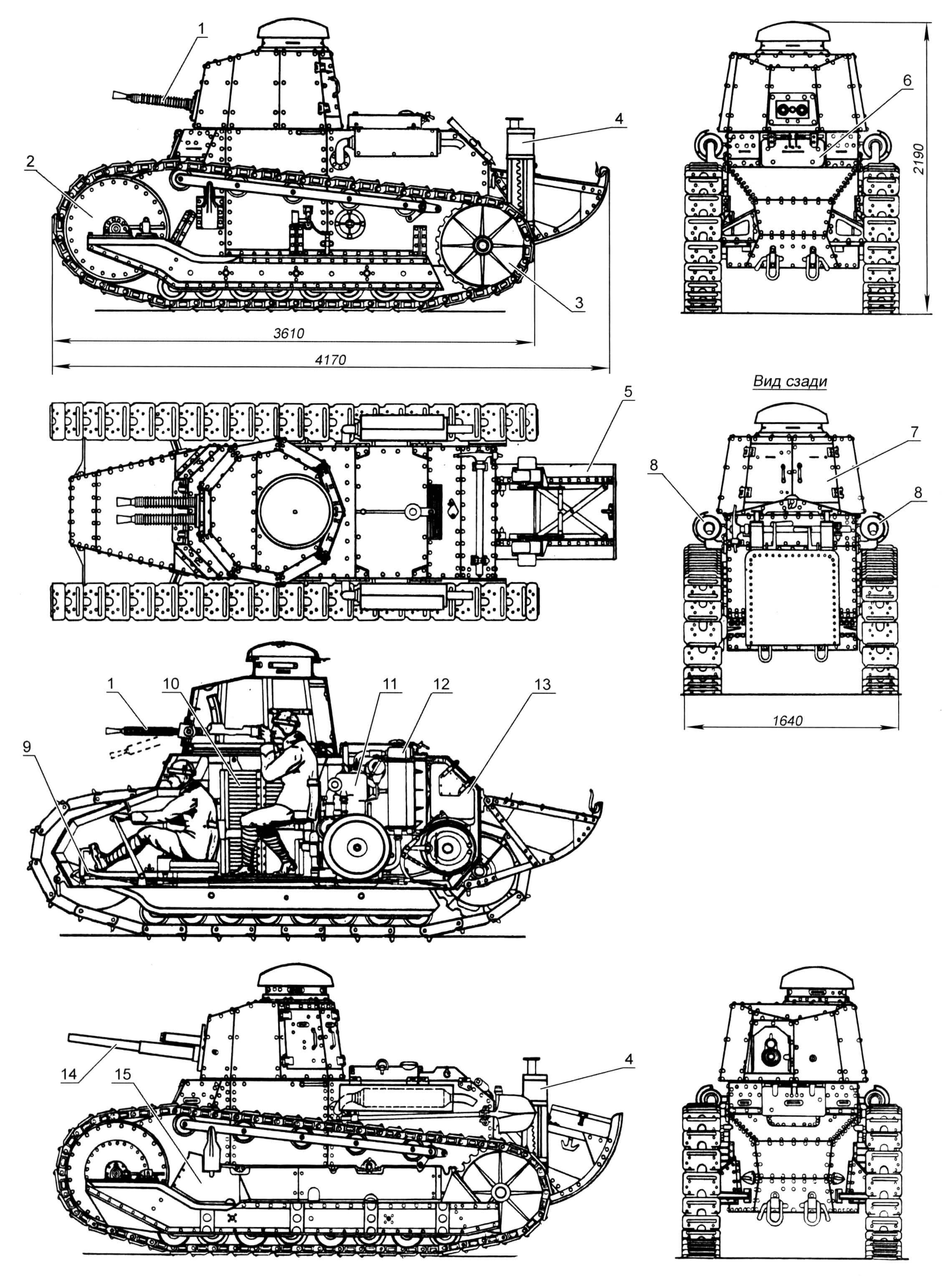 Легкий ганк «Фиат-3000»: 1- 6,5-мм спаренный пулемет обр. 1929 года; 2 - направляющее колесо; 3 - ведущее колесо; 4 - домкрат; 5 - «хвост»; 6 - люк водителя; 7 - двустворчатый башенный люк; 8 - глушитель; 9 - педаль тормоза; 10 - стеллажи для боекомплекта; 11 - двигатель; 12 - радиатор; 13 - бензобак; 14 - 37-мм пушка; 15 - фальшборт