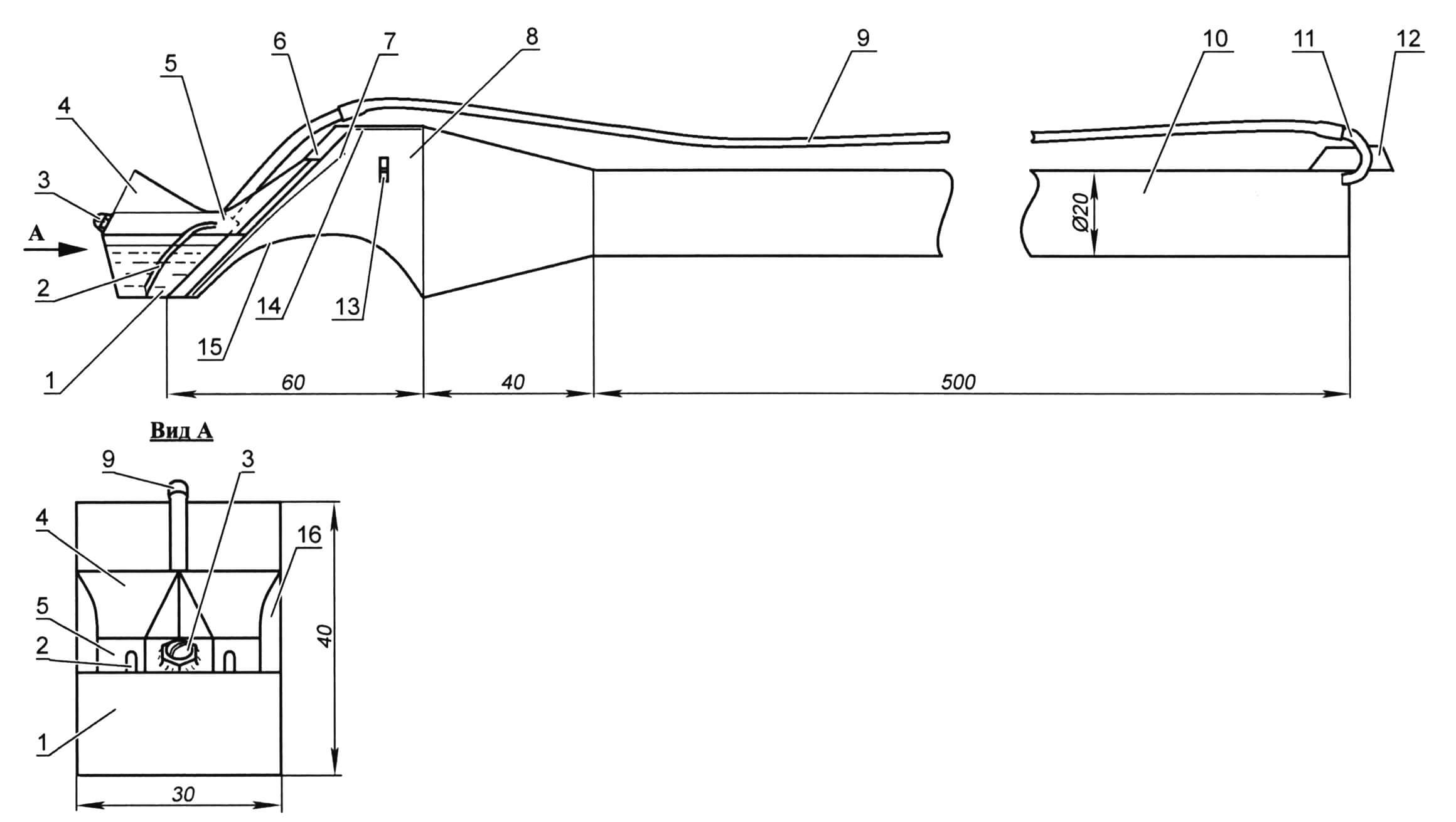 Самодельный реактивный двигатель: 1 - бензобак (белая жесть); 2 - распылительная трубка; 3 - заливная горловина; 4 - верх входной части канала (бумага); 5 - канал карбюратора (белая жесть); 6 - клапанная решетка (фанера толщиной 3 мм); 7 - клапан (Al-жесть); 8 - рабочая камера (бумага); 9 - трубка наддува (термоусадочная трубка); 10 - выхлопная труба (бумага); 11 - патрубок наддува; 12 - уголок крепления патрубка (бумага); 13 - свеча зажигания; 14 - отражатель (фольга); 15 - выемка; 16 - внешняя стенка канала карбюратора