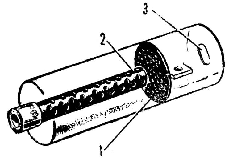 Рис. 6. Дополнение к глушителю: 1 — стальной диск с отверстиями 3 мм; 2 — вставка от глушителя мотоцикла «Ява»; 3 — отверстие для наварки на выходное отверстие глушителя.
