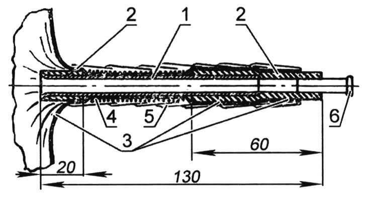 Узел заделки штуцера в оболочку поплавка: 1 - патрубок (трубка ᴓ 10x1 мм), 2 - дюритовый шланг; 3 - оболочка поплавка; 4 - капроновая нитка; 5 - изоляционная лента; 6 - пробка