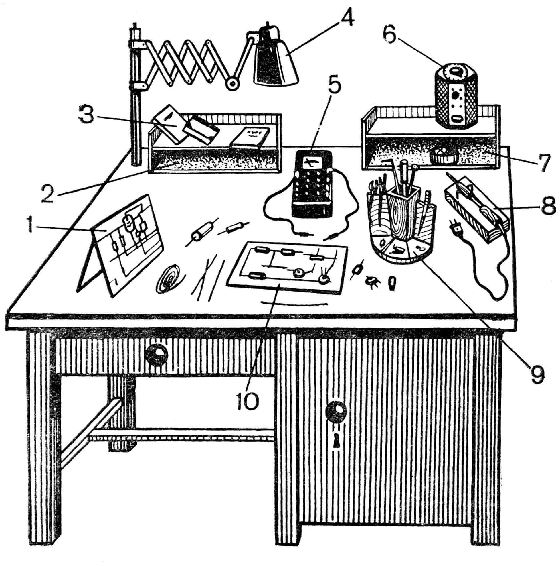 РИС. 1. ОБЩИЙ ВИД РАБОЧЕГО МЕСТА РАДИОМОНТАЖНИКА: 1 — принципиальная схема; 2 — полочка; 3 — техническая литература; 4 — осветительная арматура; 5 — тестер; 6 — латр; 7 — полочка для приборов; 8 — паяльник с подставкой; 9 — подставка готовальня; 10 — шасси аппаратуры.