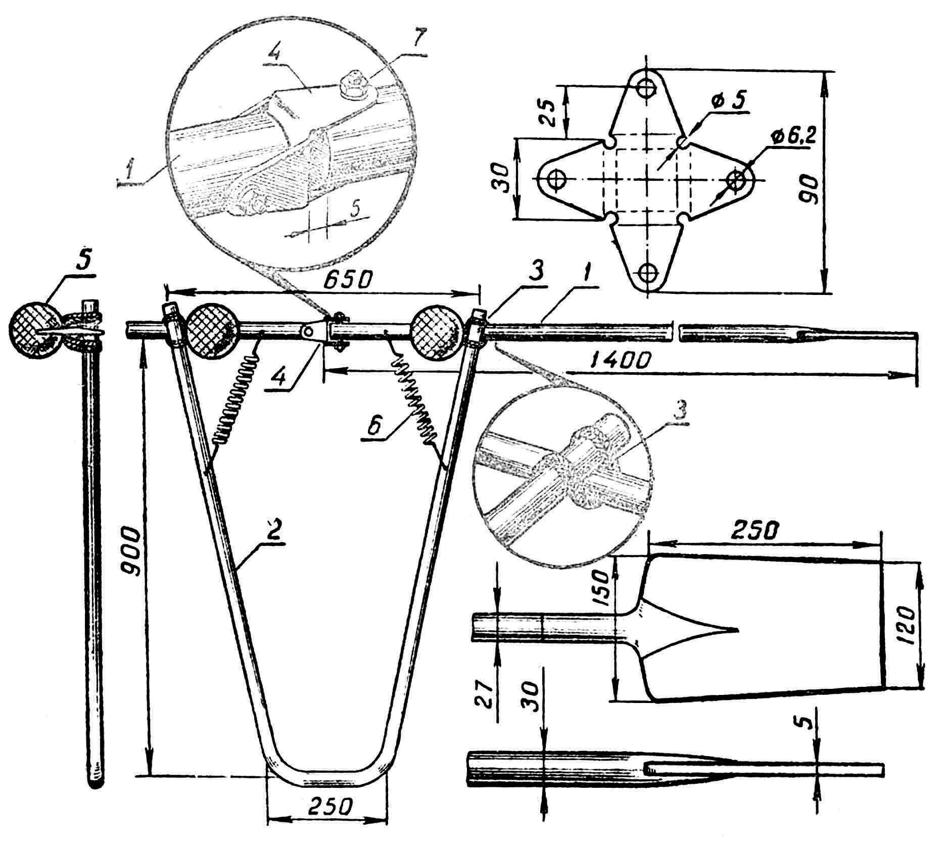 Аппарат для гребли ногами: 1 — весло; 2 — рама; 3 — шнур; 4 — карданный шарнир; 5 — мяч ø 150 мм; 6 — пружина усилием 6 кг.