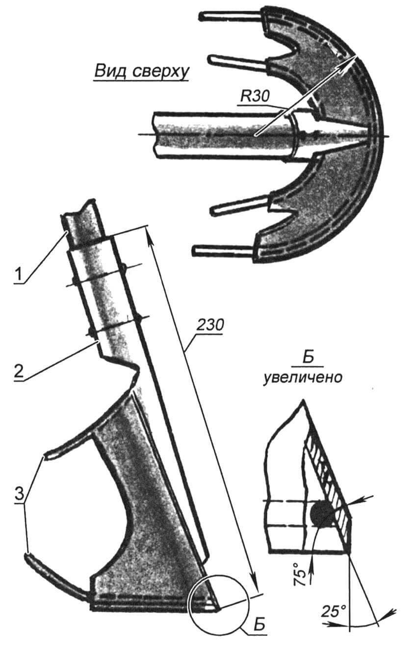 Фигурный резак: 1 - черенок; 2 - тулейка с загнутым в полуворонку и обрезанным полотном (от пришедшей в негодность лопаты); 3 - скобы-ограничители