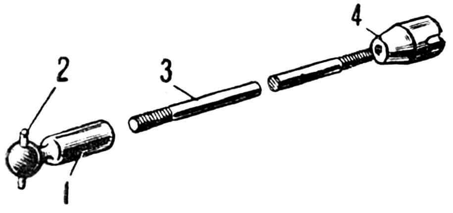Рис. 4. Промежуточный вал с деталями: 1 — головка; 2 — штифт; 3 — промежуточный вал; 4 — коническая втулка.