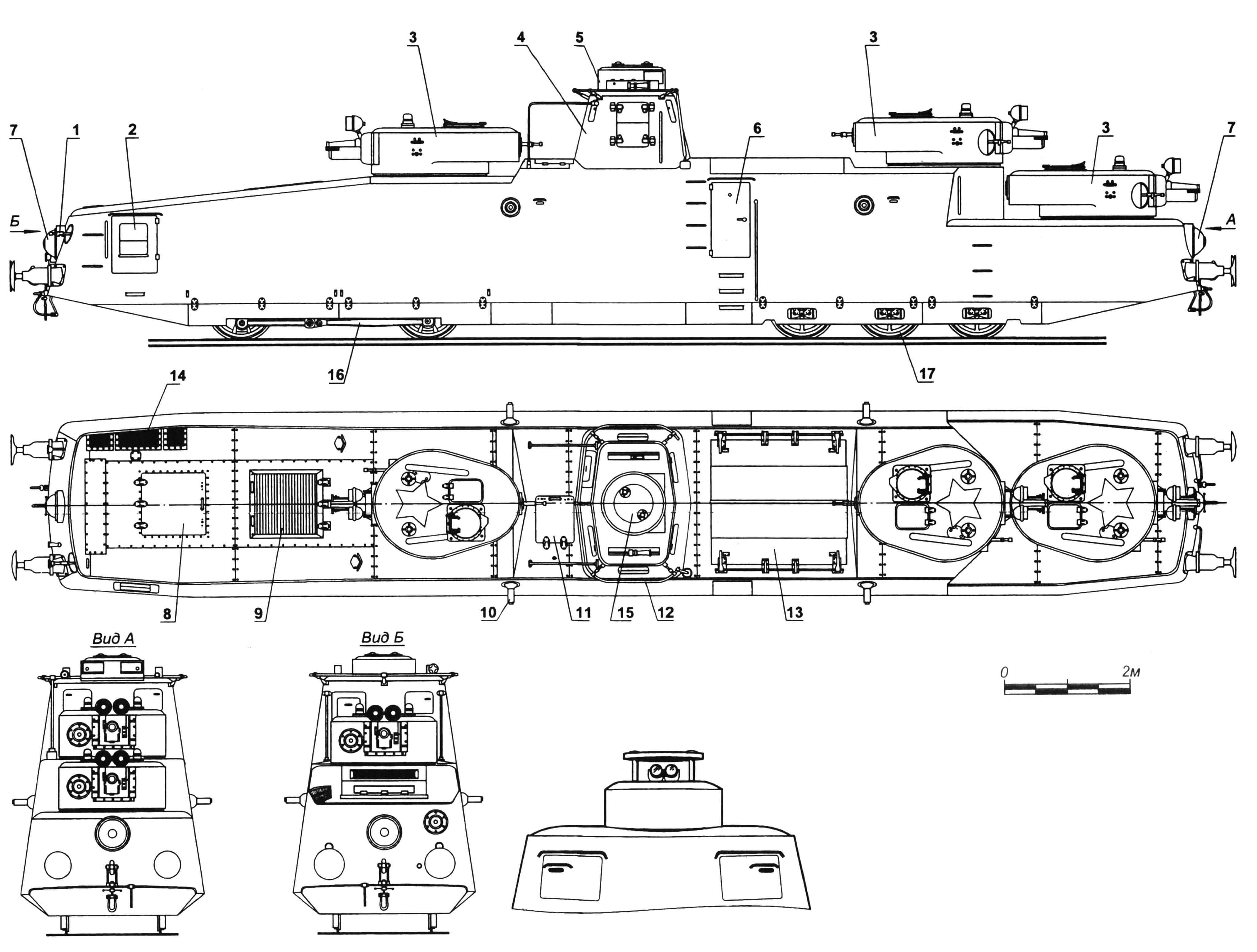 Мотоброневагон МБВ-2: 1 — пулемет кормовой; 2 — дверь для посадки пулеметчика; 3 — башни орудийные; 4 — рубка; 5 — башенка с дальномером; 6 — дверь для посадки экипажа; 7 — кожух фары; 8 — люк для доступа к двигателю; 9 — люк с жалюзи для воздухопритока; 10 — бортовая установка пулемета «максим» (4 шт.); 11 — люк над прожекторным отсеком; 12 — антенна; 13 — люк над отсеком с зенитно-пулеметной установкой; 14 — решетка люка над радиатором; 15 — лючок над стереотрубой; 16 — тележка ведущая; 17 — тележка поддерживающая.