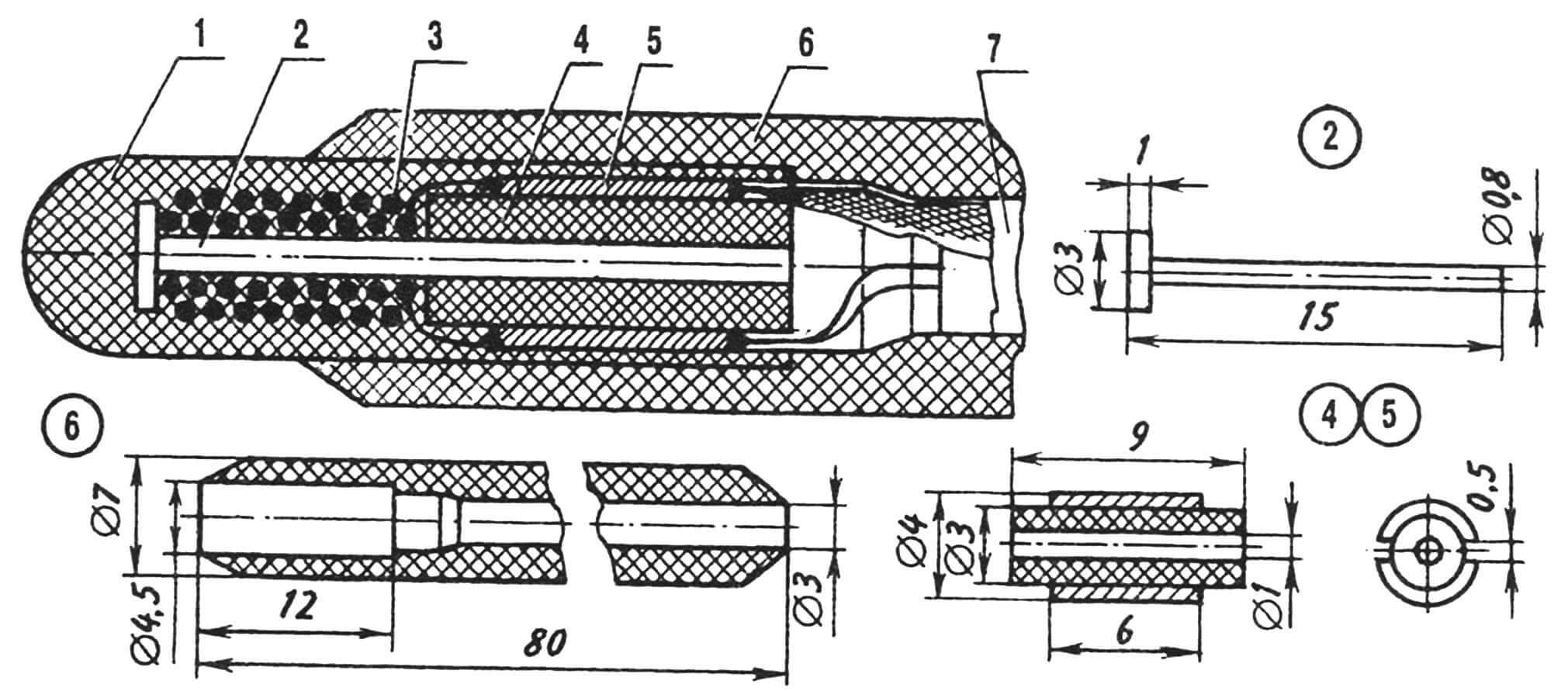 Конструкция термодатчика: 1 — слой компаунда ЭП-773, 2 — стержень направляющий, 3 — бифилярная обмотка (провод ПЭТВ-0,03 ø 1,1), 4 — втулка керамическая (от низкоомного резистора МЛТ-0,25), 5 — ламель медная (2 шт.), 6 — державка (стеклотекстолит), 7 — кабель КММ-2.