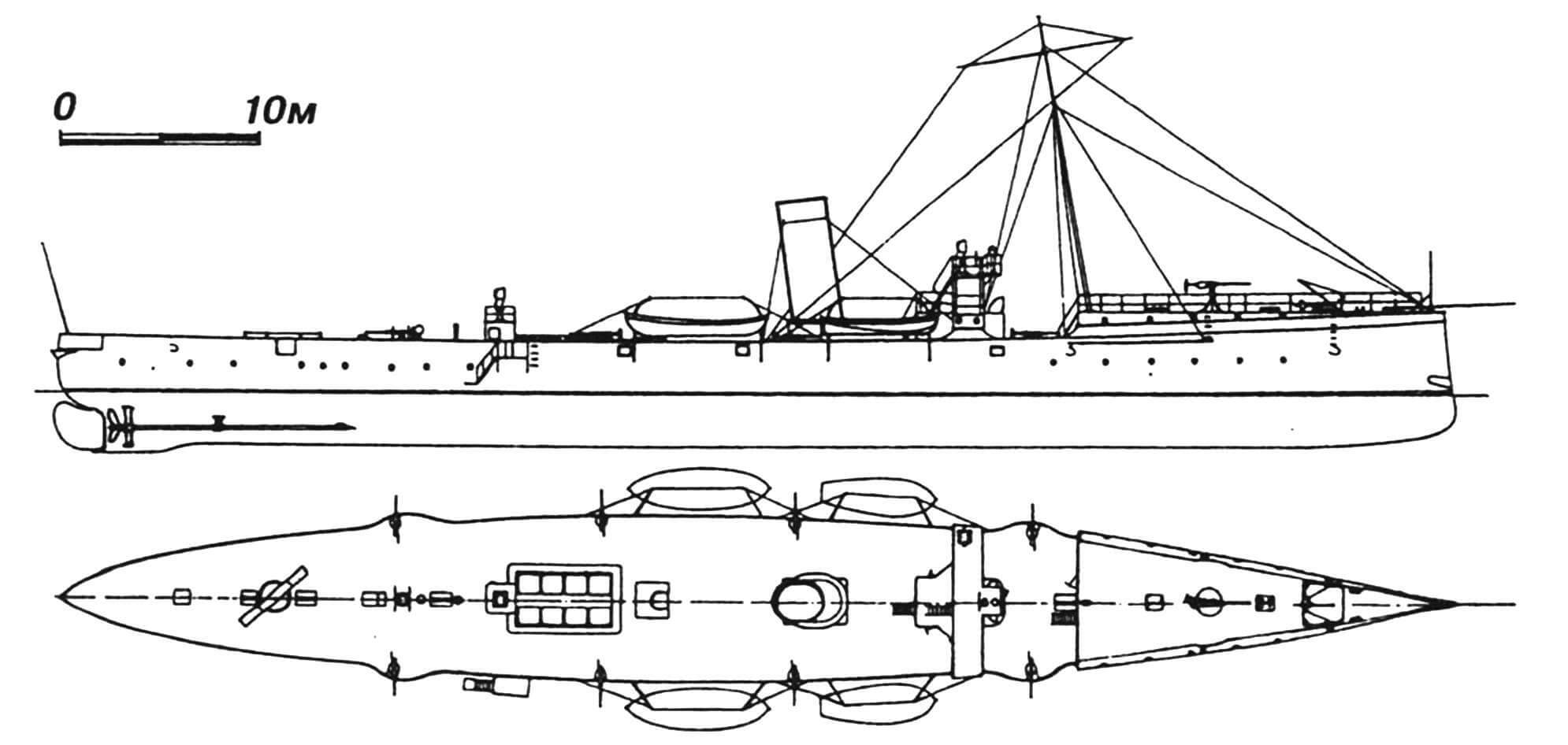 78. Минный крейсер «Сателлит», Австро-Венгрия, 1892 г. Строился в Германии фирмой «Шихау». Водоизмещение полное 620 т. Длина по ватерлинии 68,9 м, ширина 8,1 м, осадка 2,7 м. Мощность двухвальной паросиловой установки 4500 л.с., скорость на испытаниях 21,9 узла. Вооружение: два 450-мм торпедных аппарата, одна 66-мм и восемь 47-мм пушек. Построена одна единица. В 1912— 1913 гг. заменены котлы: корабль получил три трубы вместо одной. После Первой мировой войны передан Италии, где в 1920 г. сдан на слом.