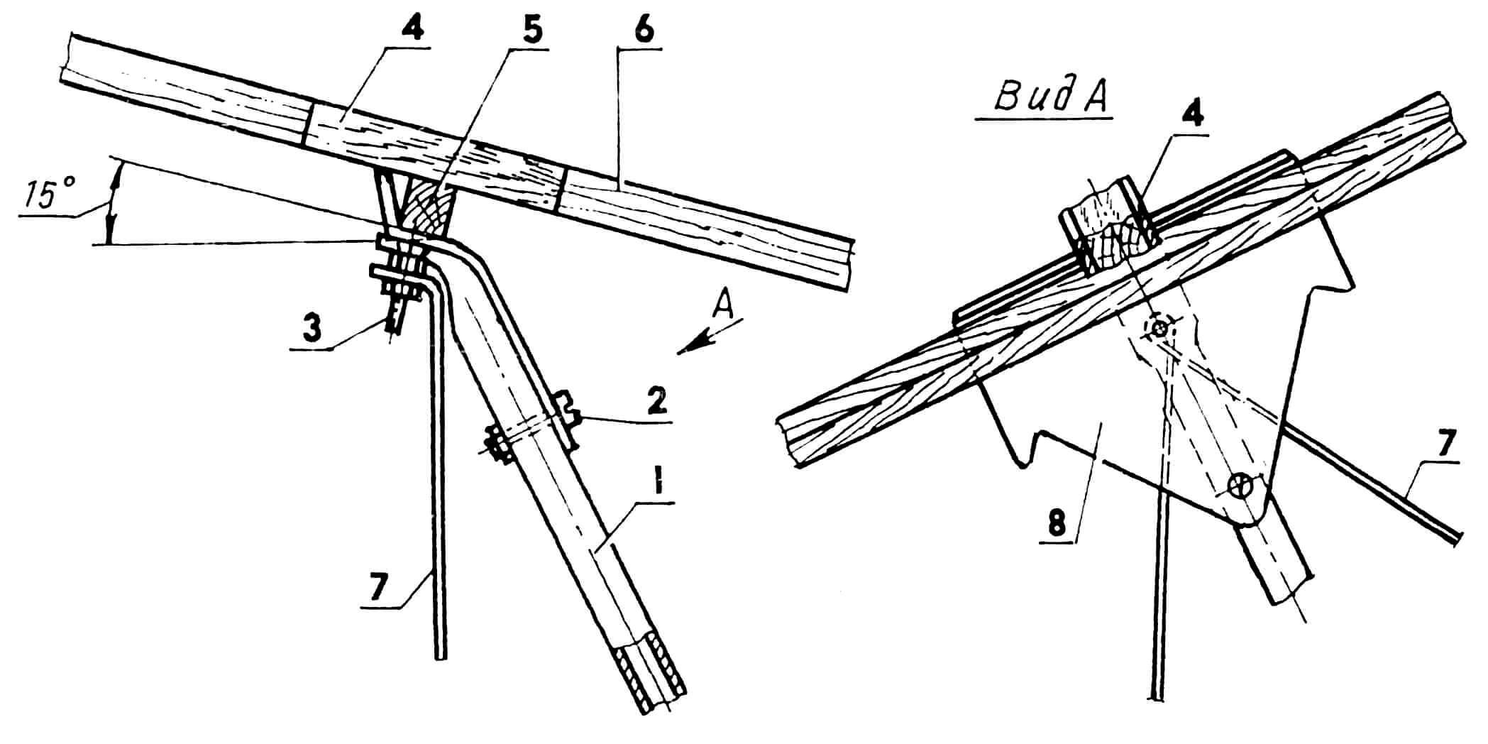 Стыковочный узел «пилон-крыло»: 1 — пилон; 2, 3 — винты М3 с гайками крепления ложемента к пилону; 4 — накладка; 5 — балка поперечная; 6 — балка центральная; 7 — растяжка (проволока ø 0,3); 8 — ложемент (дюралюминий s1).