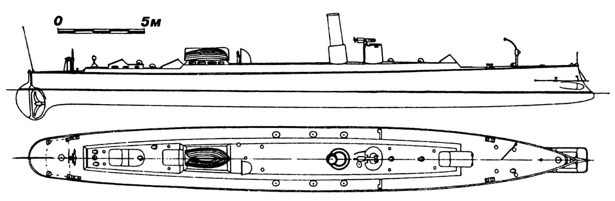 39. Миноносец «Свардфискен», Дания, 1881 г. Строился в Англии фирмой «Торникрофт». Водоизмещение нормальное 49 т. Длина наибольшая 33,52 м, ширина 3,66 м, осадка 1,83 м. Мощность одновальной паросиловой установки 695 л.с., скорость 18 узлов (на испытаниях — 20,75 узла). Вооружение: два торпедных аппарата и 25-мм револьверная пушка.