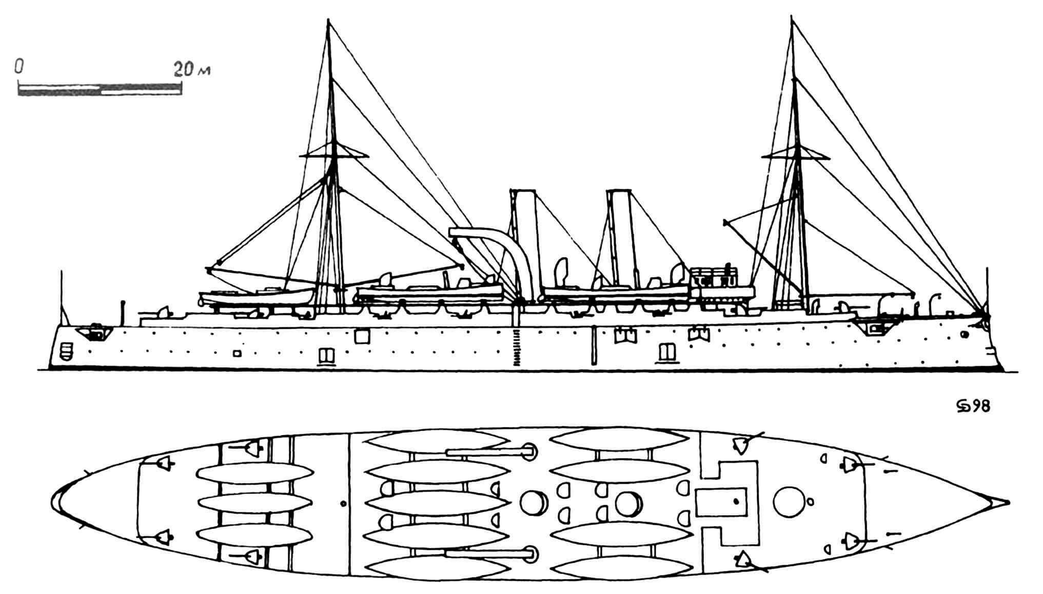 111. Крейсер-носитель миноносцев «Вулкан», Англия, 1890 г. Заложен на верфи в Портсмуте в 1888 г., спущен на воду в 1889 г. Водоизмещение нормальное 6600 т. Длина наибольшая 117,7 м, ширина 17,68 м, осадка 6,71 м. Мощность двухвальной паросиловой установки 11 800 л.с., скорость на испытаниях 20,2 узла. Броня: палуба 63-127 мм. Вооружение: восемь 120-мм и двенадцать 37-мм орудий, шесть торпедных аппаратов, 6—9 миноносок. Построена одна единица. В 1902 г. заменены котлы. В 1915 г. разоружен и превращен в плавбазу подводных лодок, в 1931 г. — в учебный блокшив. Сдан на слом в 1955 г.