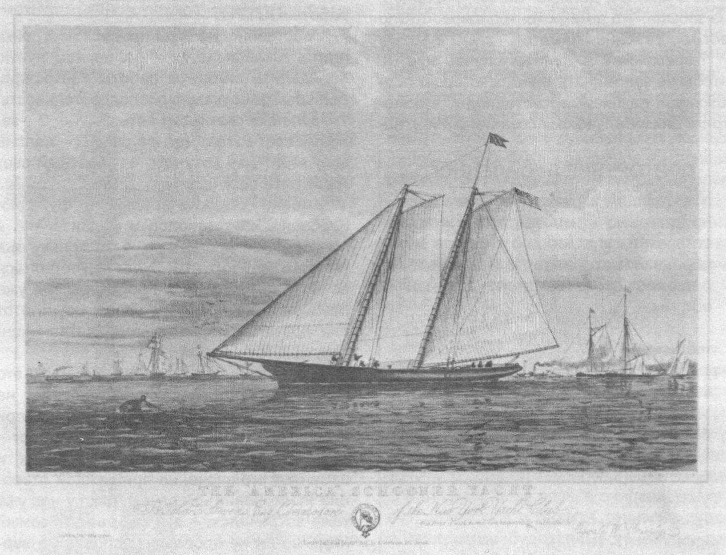 Литография, запечатлевшая яхту-шхуну «Америка» в качестве судна, принадлежавшего Нью-Йоркскому яхт-клубу