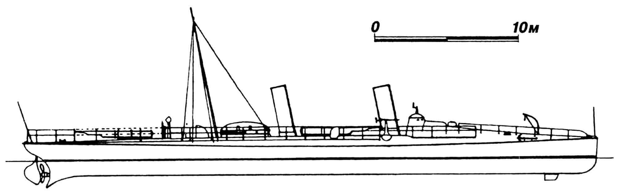 57. Миноносец «Хваль», Норвегия, 1896 г. Строился фирмой «Шихау». Водоизмещение нормальное 80 т. Длина наибольшая 39,90 м, ширина 4,80 м, осадка 2,15 м. Мощность одновальной паросиловой установки 1250 л.с., скорость на испытаниях 24,4 узла. Вооружение: два палубных торпедных аппарата, две 37-мм пушки. Построено три единицы: «Хваль», «Дельфин» и «Хай».