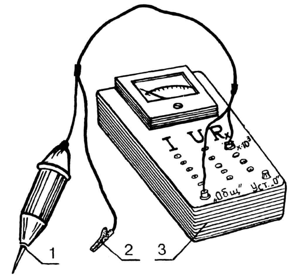 ВЧ индикатор, собранный на базе авометра: 1 — щуп индикатора высокочастотных сигналов; 2 — провод «общий»; 3 — авометр, работающий в режиме омметра.
