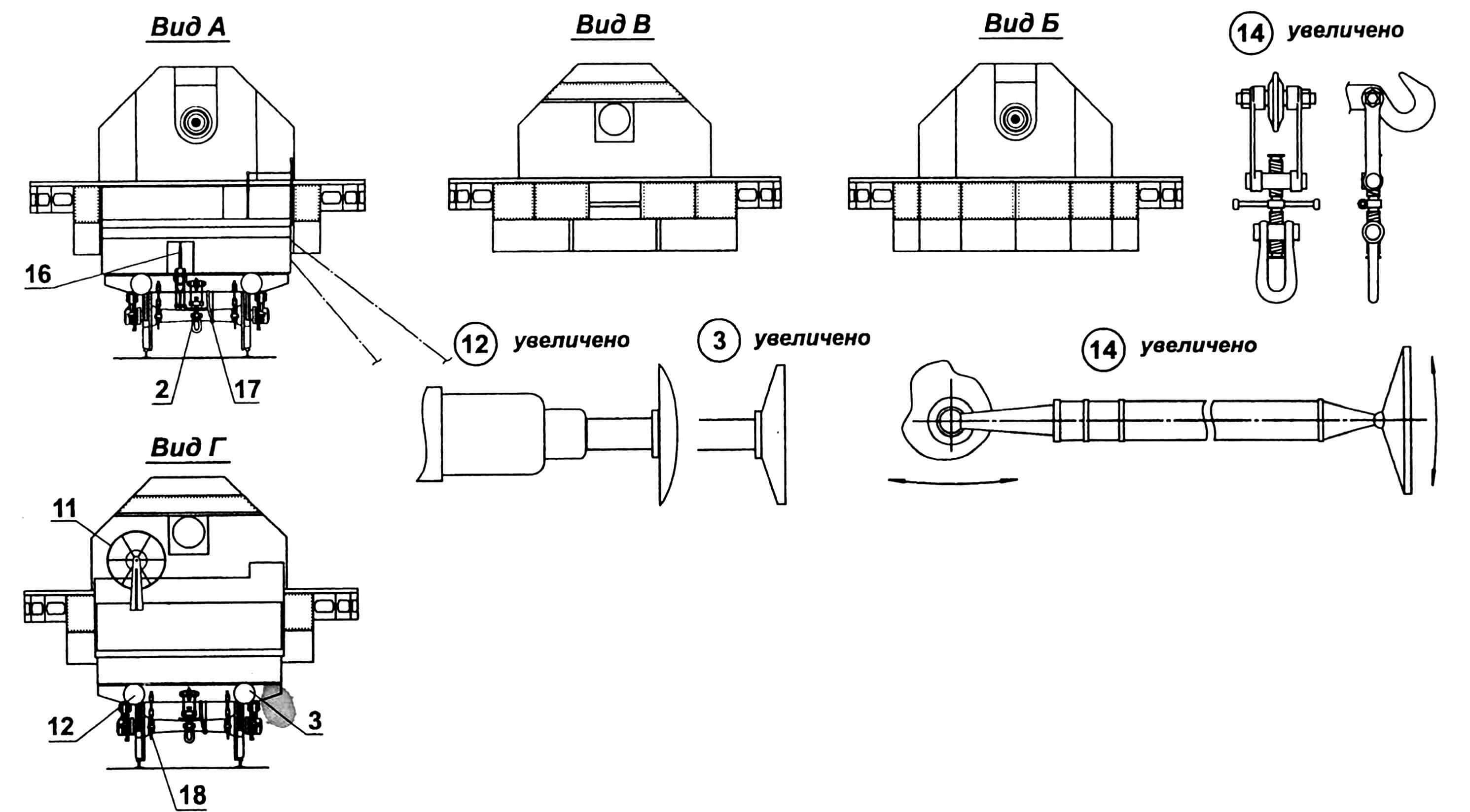 Транспортер ЖДАУ ТМ-1-180: 1 — тележка задняя; 2 — стяжка винтовая; 3 — буфер правый; 4 — отделение компрессорной станции; 5 — ограждение; 6 — ствол орудия Б-1-П; 7 — щит орудия; 8 — платформа поворотная; 9 — лоток подачи боеприпасов; 10 — отделение электростанции «Коммунар»; 11 — барабан кабельный; 12 — буфер левый; 13 — тележка передняя; 14 — опоры откидывающиеся (8 шт.); 15 — балка главная; 16 — рычаг тормоза; 17 — шланг воздушной тормозной системы, соединительный; 18 — цепь страховочная.