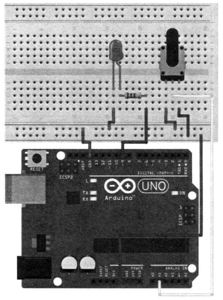 Схема подсоединения переменного резистора к плате Arduino UNO