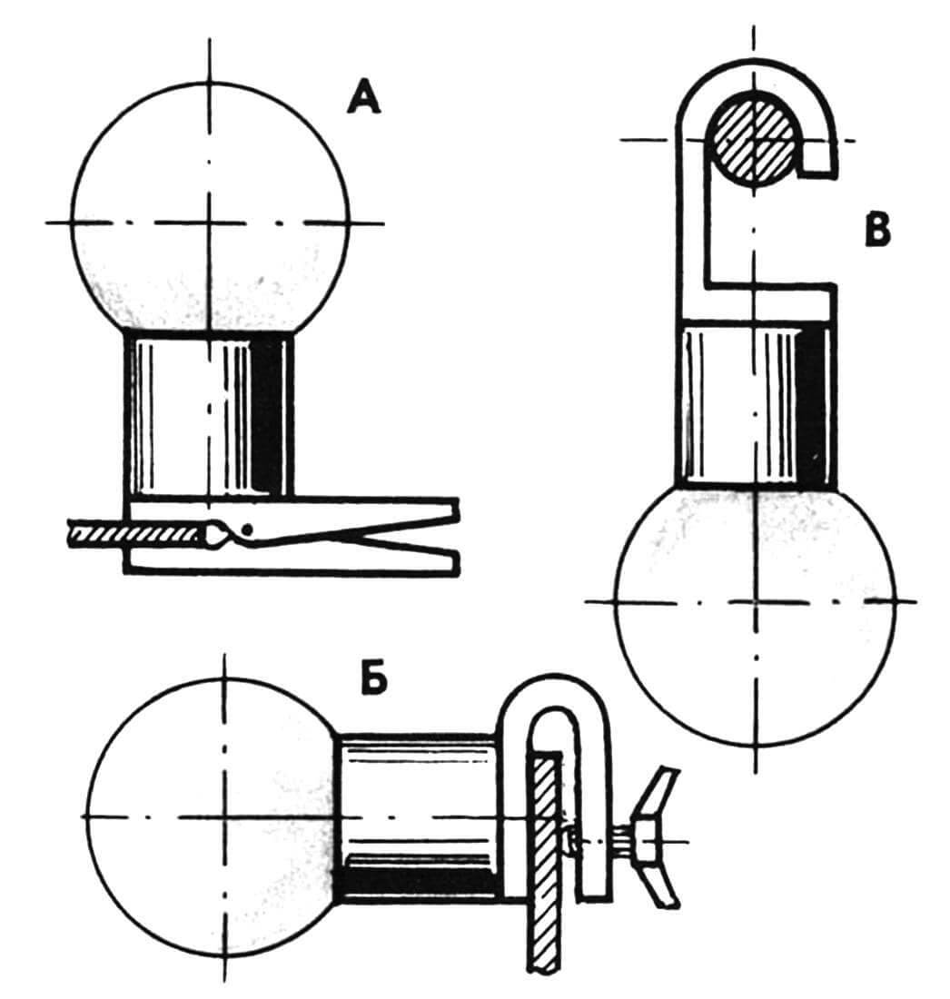 Съемные варианты миниатюрного светильника: А — на прищепке; Б — на струбцинке; В — на крючке.