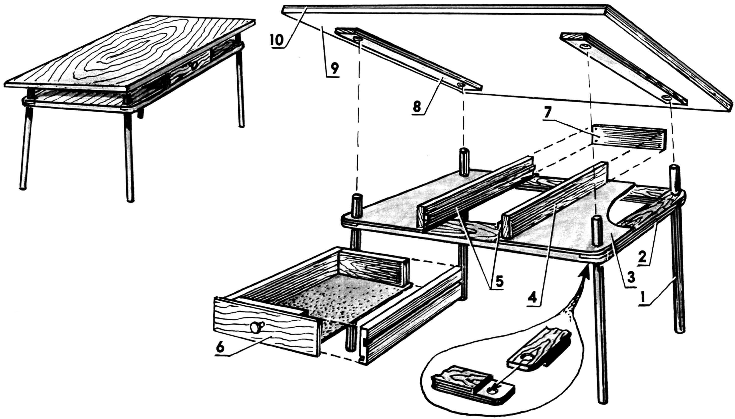 Стол: 1 — ножка; 2 — рамка; 3 — подстолье; 4 — опора; 5 — направляющие; 6 — ящик; 7 — стенка тыльная; 8 — фиксаторы ножек; 9 — столешница; 10 — пластик.