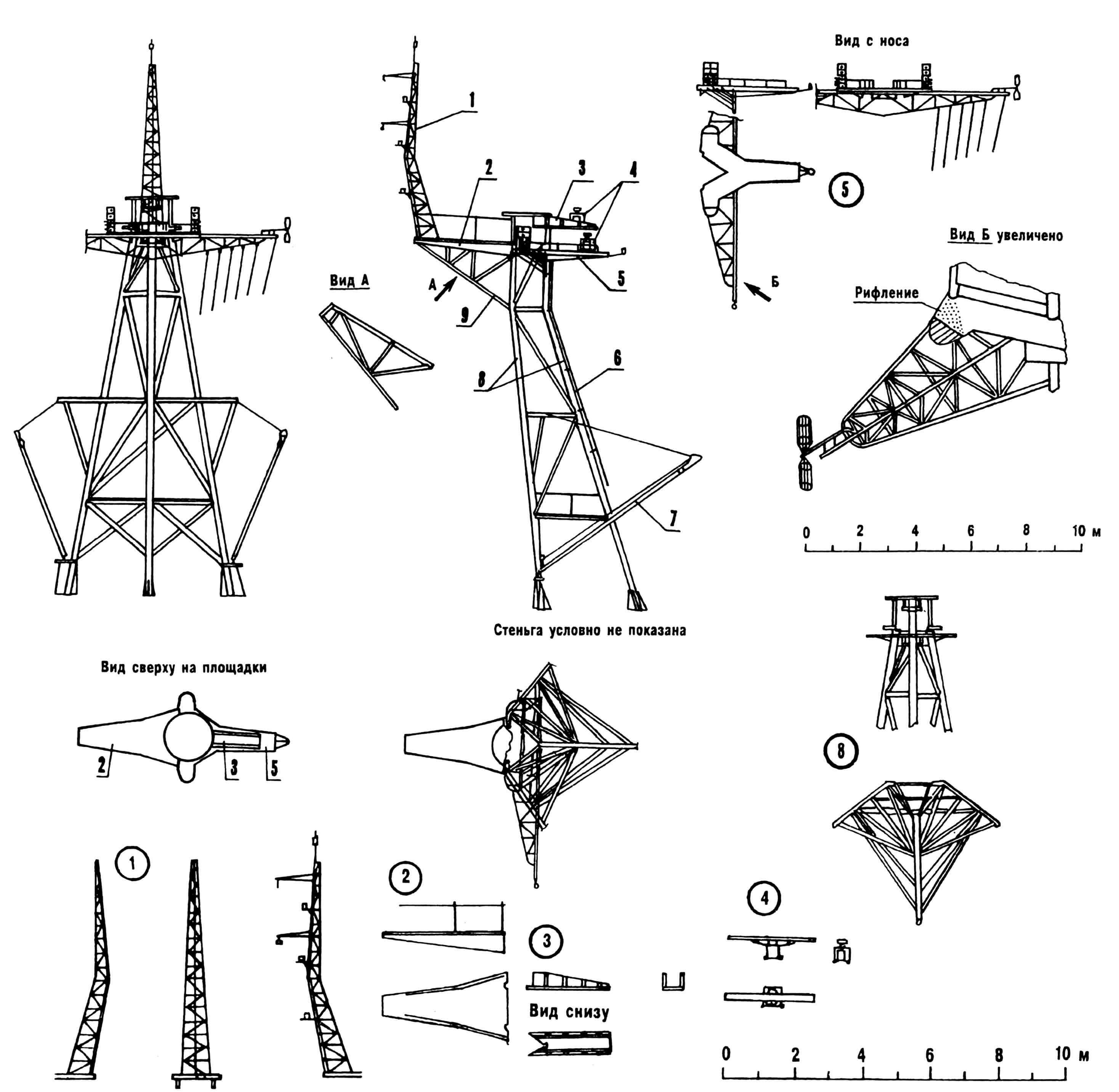 Фок-мачта: 1 — стеньга; 2 — площадка; 3,5 — площадки навигационных РЛС; 4 — навигационные РЛС; 6 — трап; 7 — стрела грузовая; 8 — опоры («ноги») мачты; 9 — усиление площадки.