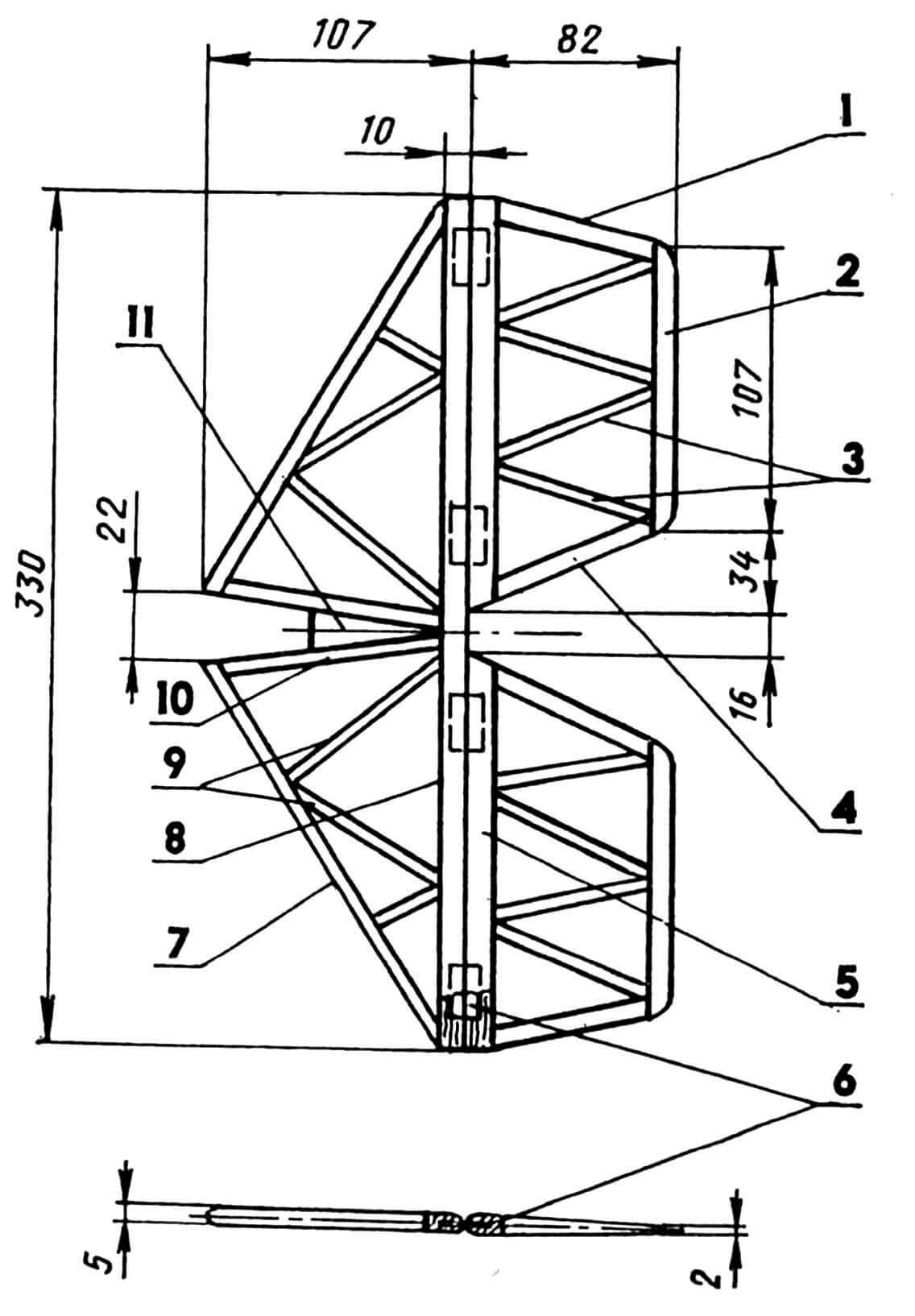 Горизонтальное оперение: 1,4 — законцовки руля высоты (сосна, рейка 10x3); 2 — кромка руля высоты, задняя (сосна, рейка 10x3); 3 — нервюры руля высоты (сосна, рейка 5x3); 5 — кромка руля высоты, передняя (сосна, рейка 10x5); 6 — петля (капроновая лента); 7 — кромка стабилизатора, передняя (сосна, рейка 10x3); 8 — кромка стабилизатора, задняя (сосна, рейка 10x3); 9 — нервюры стабилизатора (сосна, рейка 5x3); 10 — нервюра стабилизатора, корневая (сосна, рейка 10x3); 11 — вставка (липа).