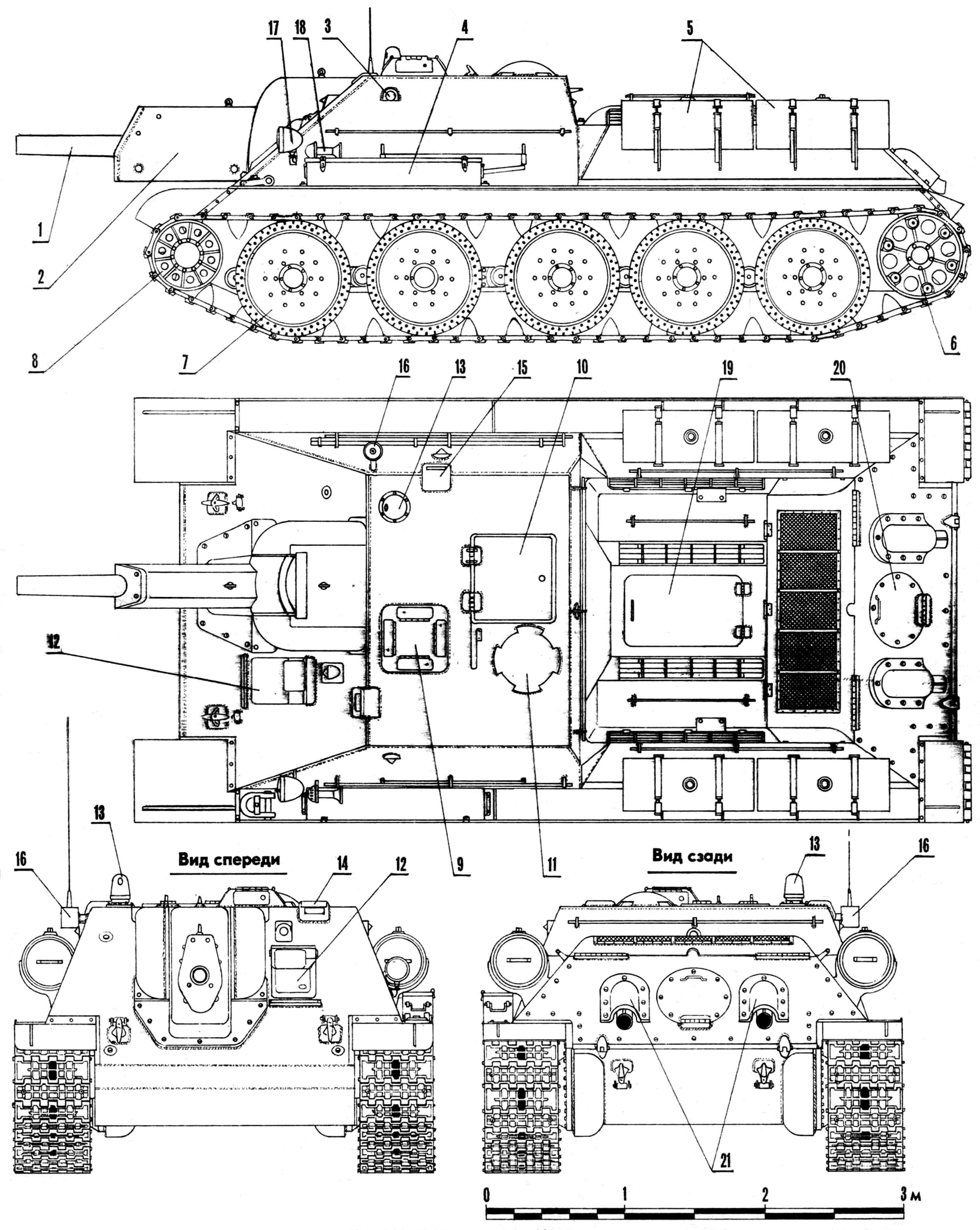 Самоходно-артиллерийская установка СУ-122: 1 — 122-мм гаубица, 2 — броневой кожух противооткатных устройств, 3 — броневая заглушка отверстия для стрельбы из личного оружия, 4 — ящик ЗИП, 5 — наружные топливные баки, 6 — ведущее колесо, 7 — опорный каток, 8 — направляющее колесо, 9 — броневой козырек панорамного прицела, 10 — крышка посадочного люка, 11 — колпак вентилятора, 12 — крышка люка механика-водителя, 13 — бронеколпак прибора наблюдения ПТК-5, 14 — бронировка прибора наблюдения наводчика, 15 — бронировка прибора наблюдения командира, 16 — ввод антенны, 17 — фара, 18 — сигнал, 19 — крышка надмоторного люка, 20 — крышка трансмиссионного люка, 21 — броневые колпаки выхлопных труб.