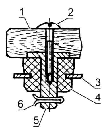 Один из четырех узлов крепления съемной банки: 1 - сиденье; 2 - винт М6; 3 - кронштейн упора; 4 - амортизационная втулка упора; 5 - палец крепления; 6 - шплинт