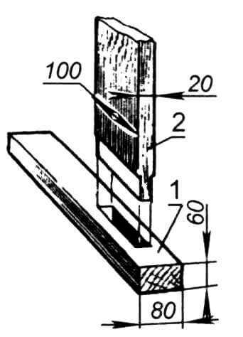 Узел крепления стойки: 1 - подпятник стойки с окном под шип; 2 - концевик стойки с шипом