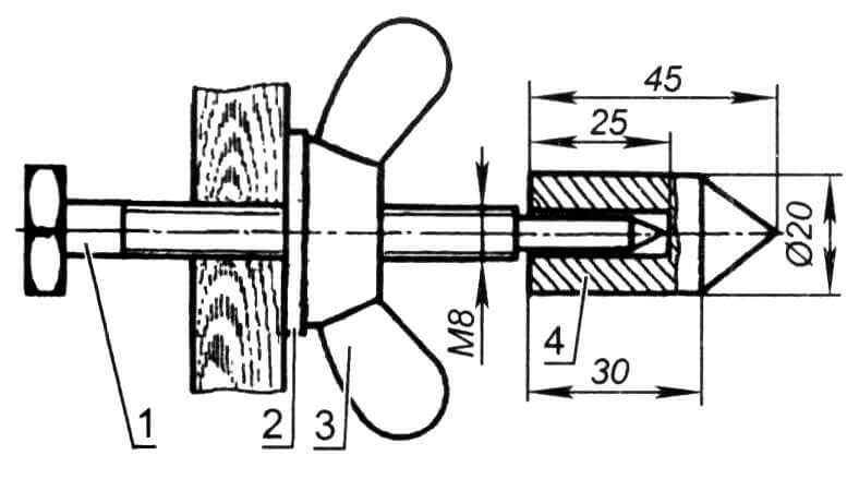 Задняя бабка станка: 1 - упорная ось головки (болт М8); 2 - упорная шайба; 3 - барашковая гайка регулировочная; 4 - головка бабки