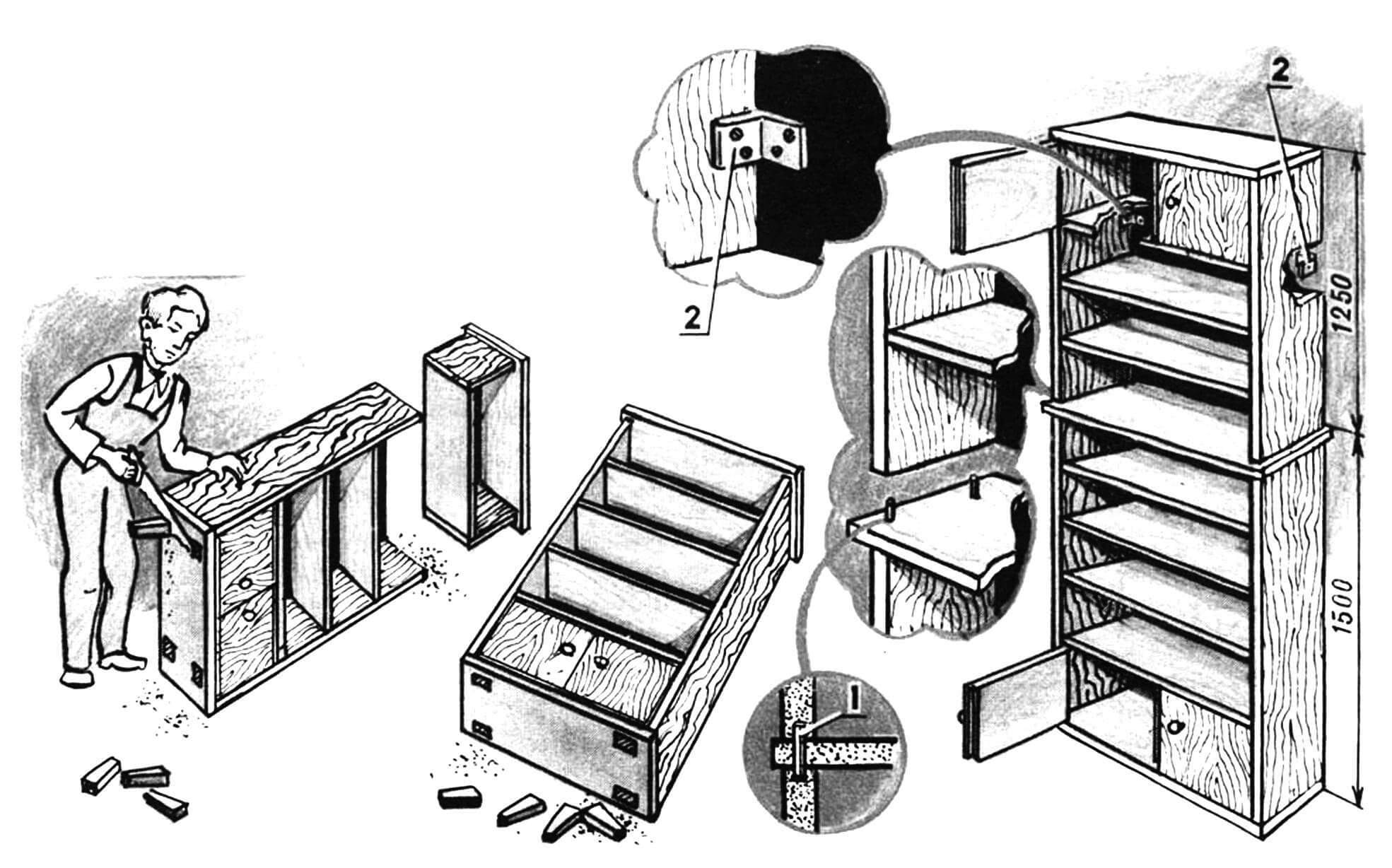 Простейший способ изготовления книжного шкафа: 1— деревянный шип (ø 8... 10, 4 шт.), 2 — крепежные уголки.
