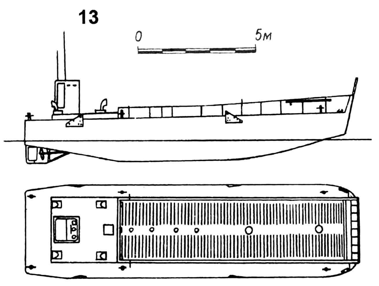 13. Десантный плашкоут типа LCM-3, США, 1942 г. Водоизмещение пустого 23 т, в грузу 52 т. Длина 15,3 м, ширина 4,3 м, осадка наибольшая 1,2 — 1,3 м. Два дизеля общей мощностью 330 л.с., скорость 8 — 9 узлов. Вооружение: два 12,7-мм пулемета. Вместимость: один 30-тонный танк или 60 солдат. Всего построено 8631 ед. в США и 150 близких по типу LCM-7 в Англии. 6 ед. английской постройки в 1945 г. переданы по ленд-лизу СССР.