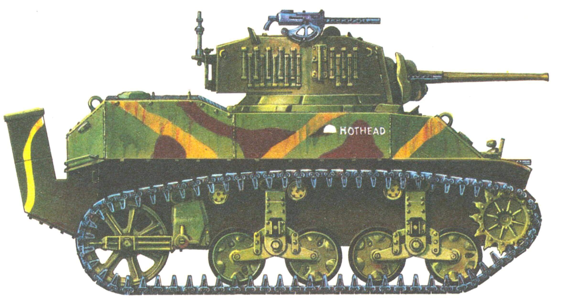 Легкий танк М5А1. 4-й танковый батальон морской пехоты США. Атолл Рой-Намюр, 1 февраля 1944 года. Кожух на корме корпуса предназначен для отвода выхлопных газов.