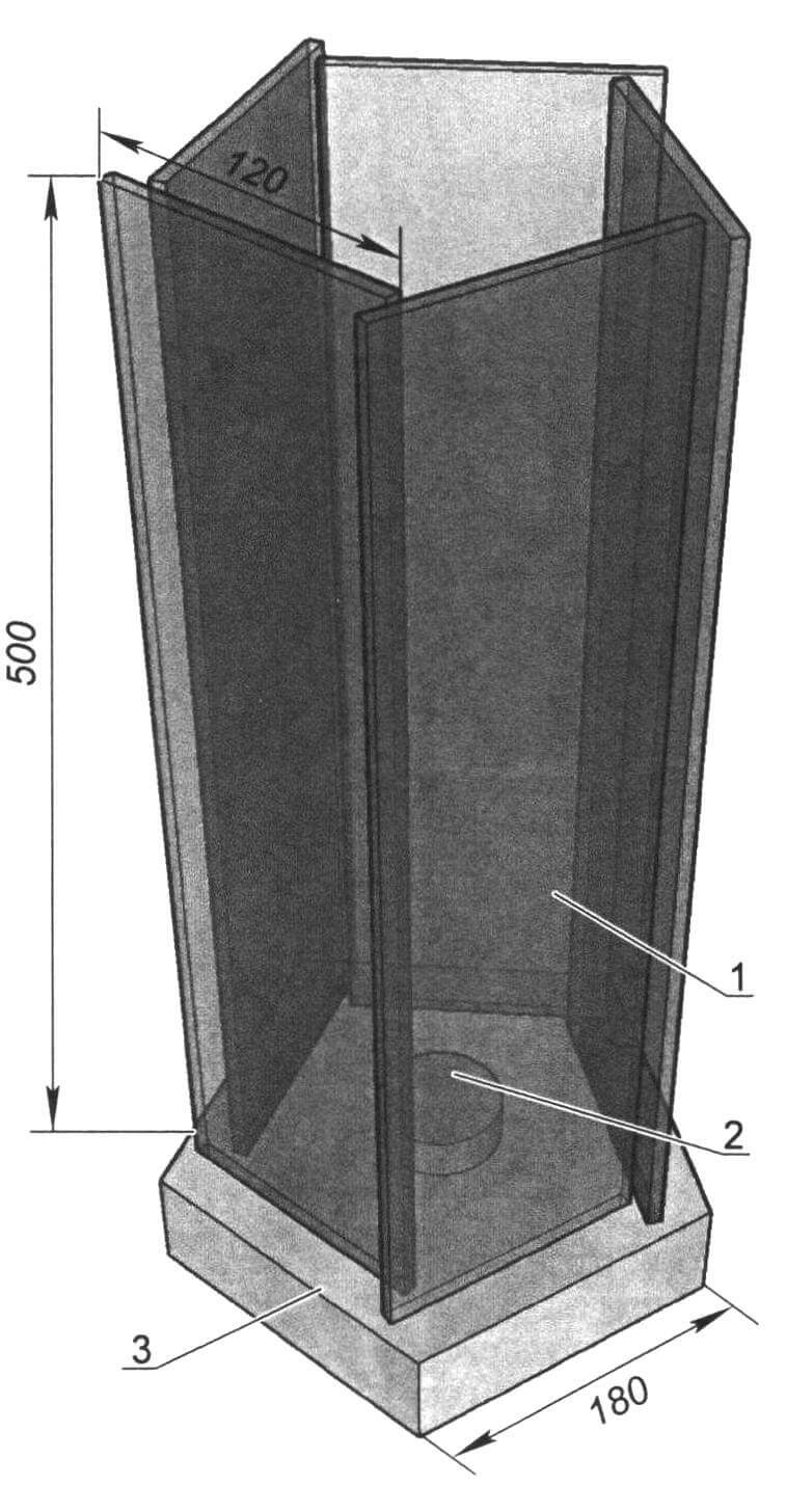 Принципиальная схема огненного светильника: 1- стекло 120x500x6 мм (5 шт.); 2 - емкость для горючего; 3 - деревянное основание с вырезанным по месту асбоцементным листом. Верхняя и нижняя рамки условно не показаны