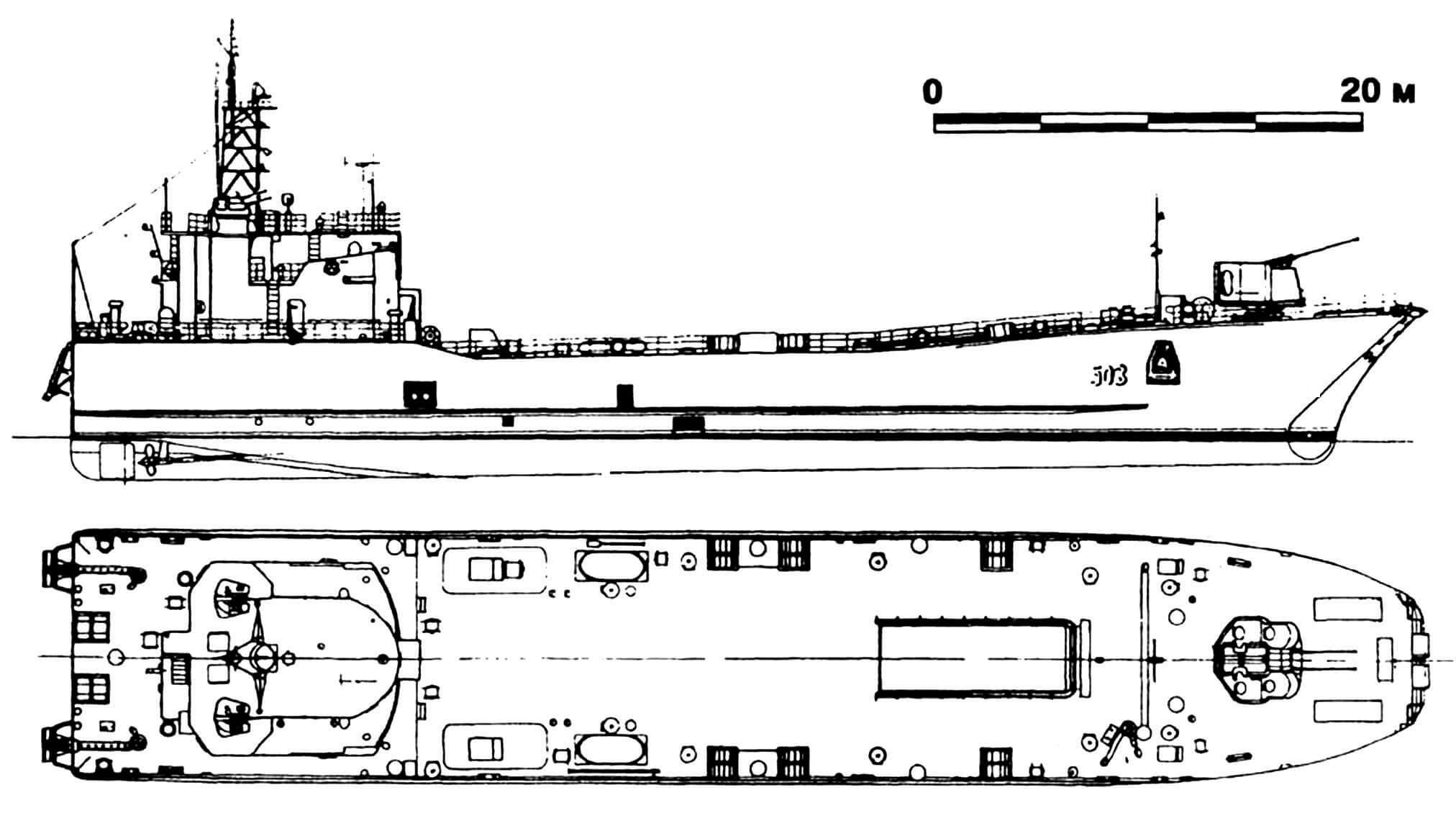 49. Малый десантный корабль «Эберсвальде» (тип «Робби»), ГДР, 1962 г. Водоизмещение стандартное 600 т, полное 950 т. Длина 65,0 м, ширина 11,5 м, осадка 2,0 м. Два дизеля общей мощностью 4800 л.с., скорость 12 узлов. Вооружение: два 57-мм зенитных орудия и четыре 25-мм автомата. Вместимость: 14 танков или 500 т груза. Всего в 1962 — 1964 годах построено 10 единиц.