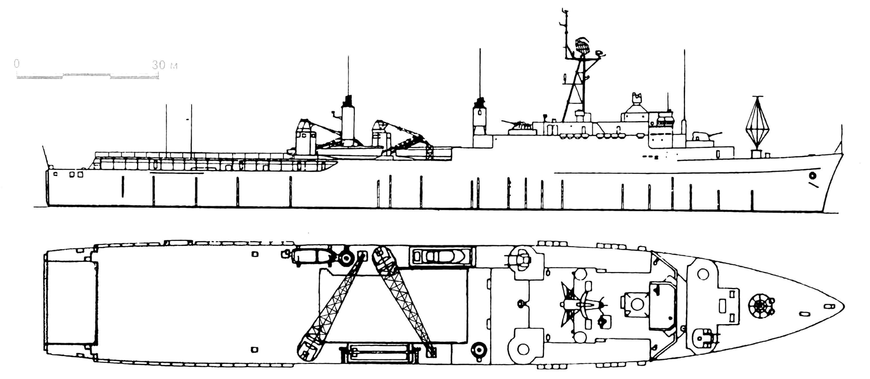 30. Десантный корабль-док «Энкоридж», США, 1969 г. Водоизмещение стандартное 8600 т, полное 13 700 т. Длина 168,7 м, ширина 25,6 м, осадка 5,6 м. Турбины общей мощностью 24 000 л.с., скорость 20 узлов. Вооружение: восемь 76-мм универсальных орудий. В 1970 — 1973 годах построено пять кораблей.