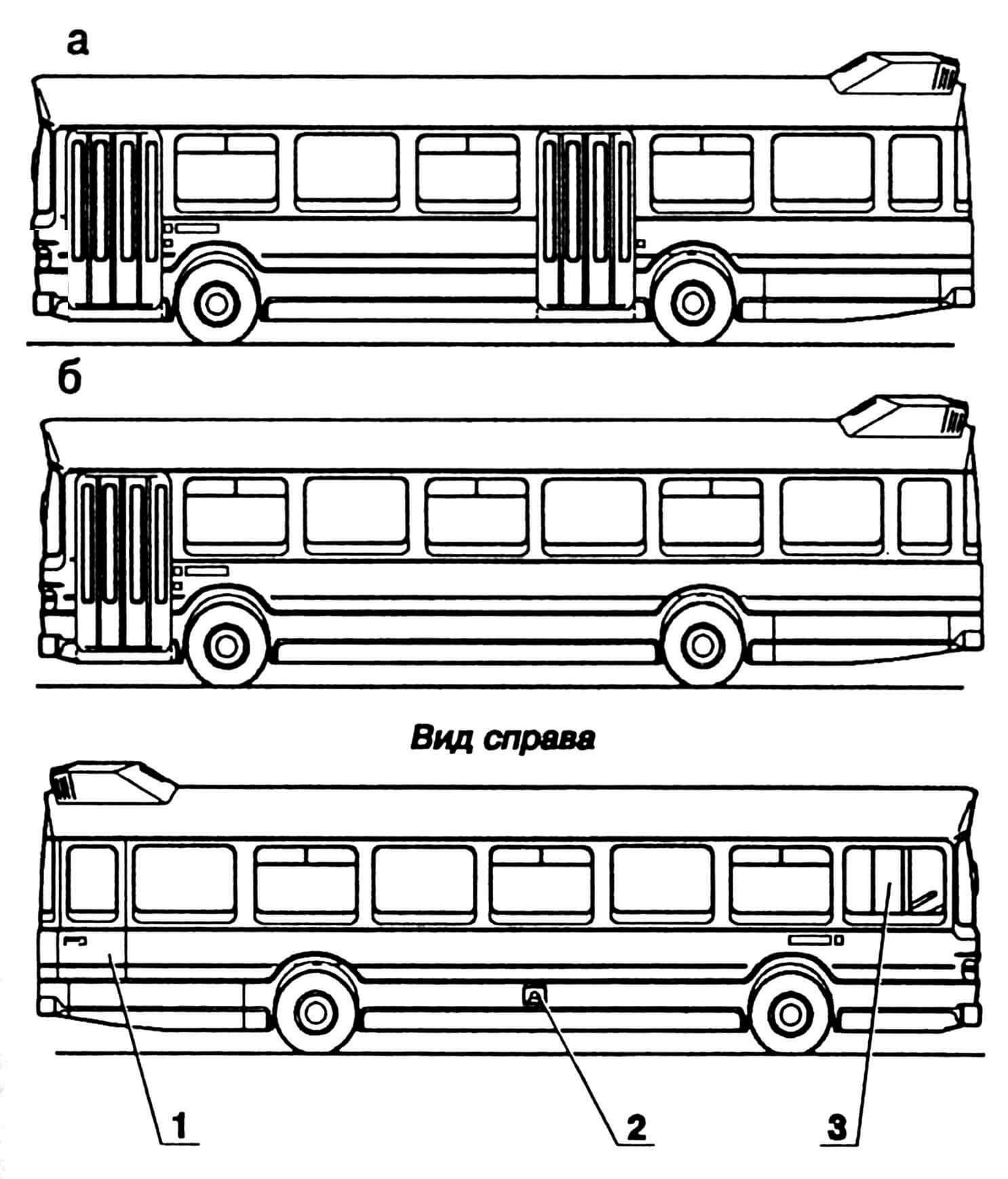 Варианты кузовов (а — двухдверный, б — однодверный): 1 — дверь аварийного выхода, 2 — горловина бензобака, 3 — окно водителя (с форточкой).