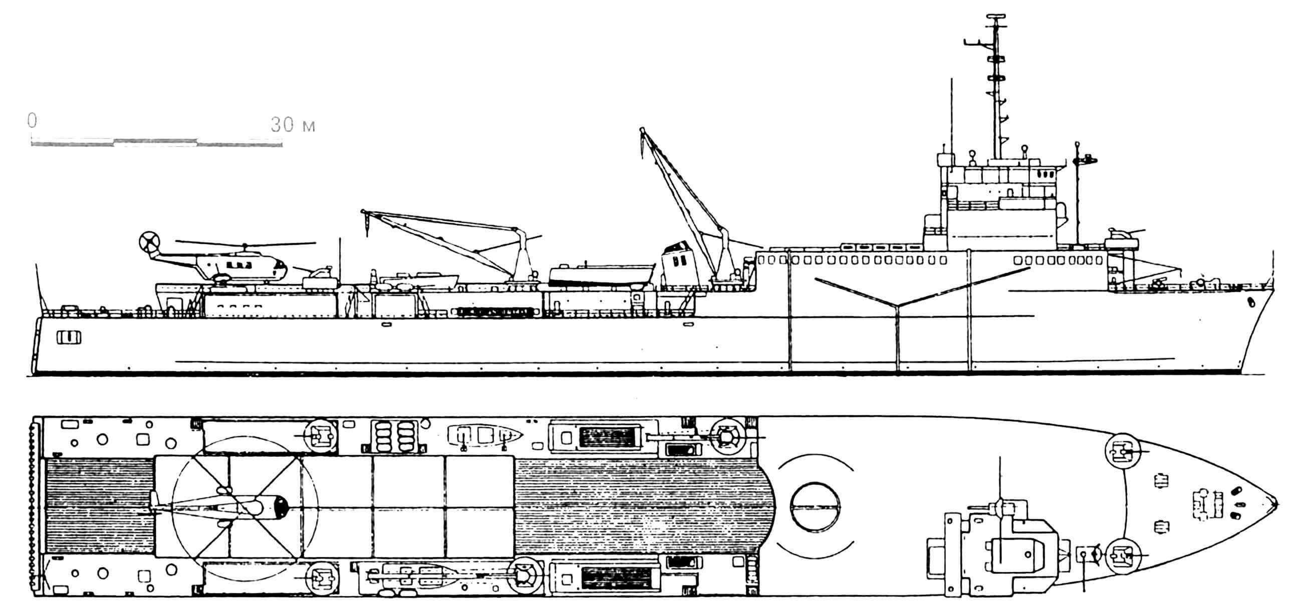 31. Десантный корабль-док «Ураган», Франция, 1963 г. Водоизмещение стандартное 5800 т, полное 8500 т. Длина 149,0 м, ширина 21,5 м, осадка 4,6 м. Дизели общей мощностью 8600 л.с., скорость 17 узлов. Вооружение: четыре 40-мм автомата. Построены два корабля этого типа: «Ураган» (1963 г.) и «Ораж» (1967 г.)