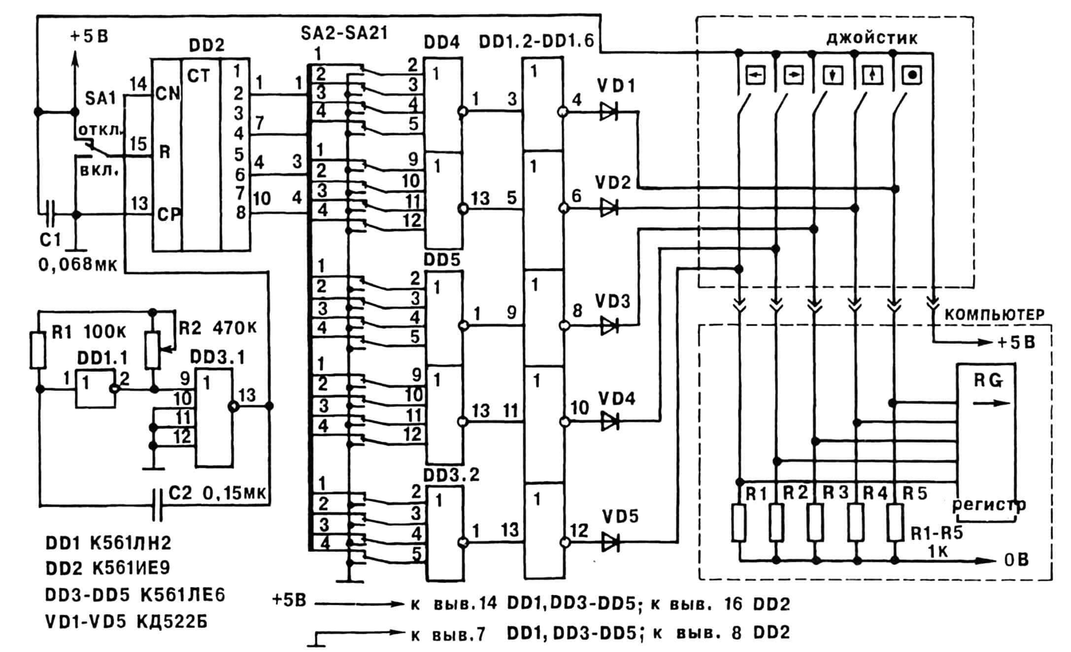 Рис. 2. Принципиальная электрическая схема синтезатора игровых ситуаций с джойстиком, рассчитанным на типовое подключение к компьютеру.