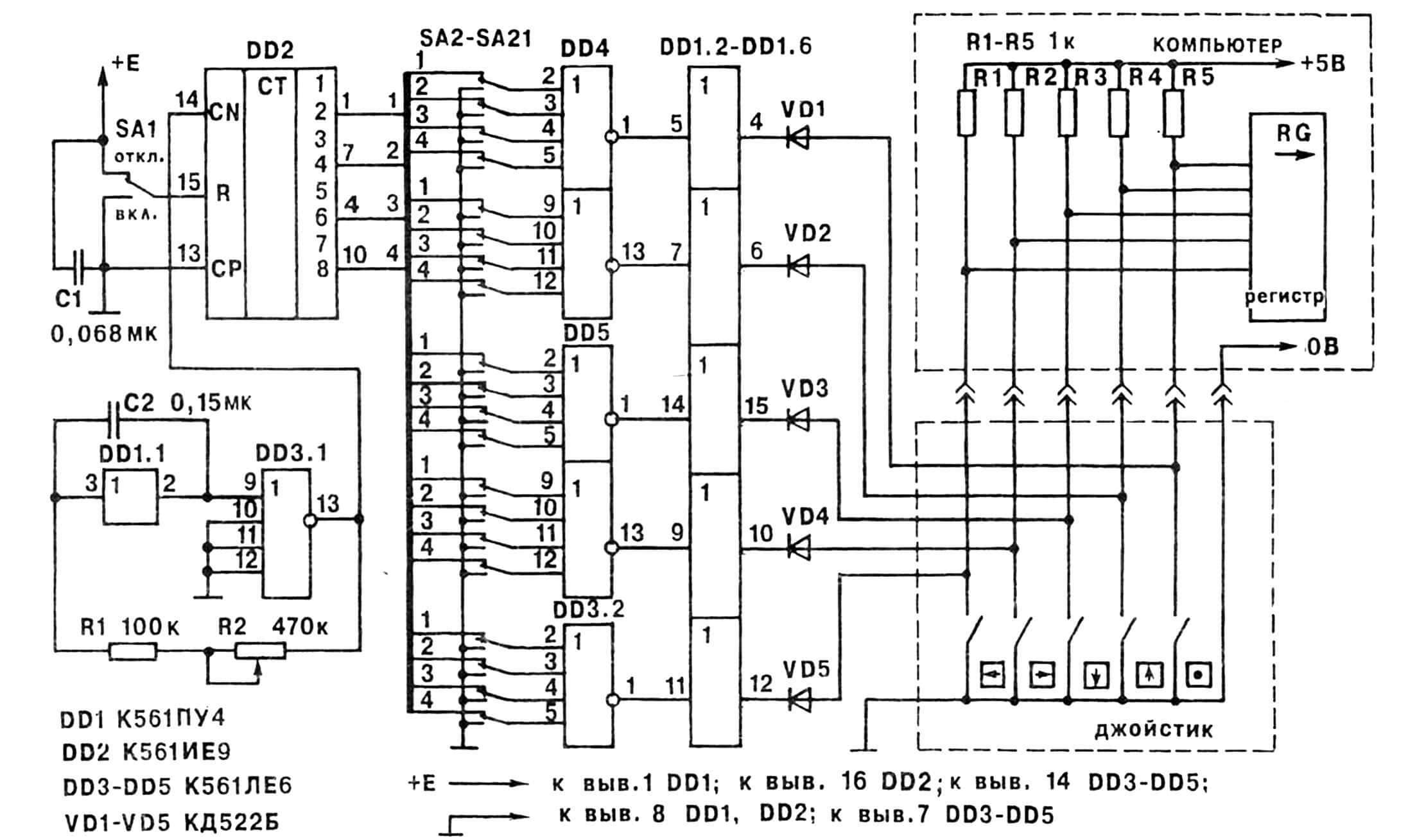 Рис. 4. Принципиальная электрическая схема синтезатора с джойстиком, рассчитанным на подключение к «нулевой» шине компьютера.