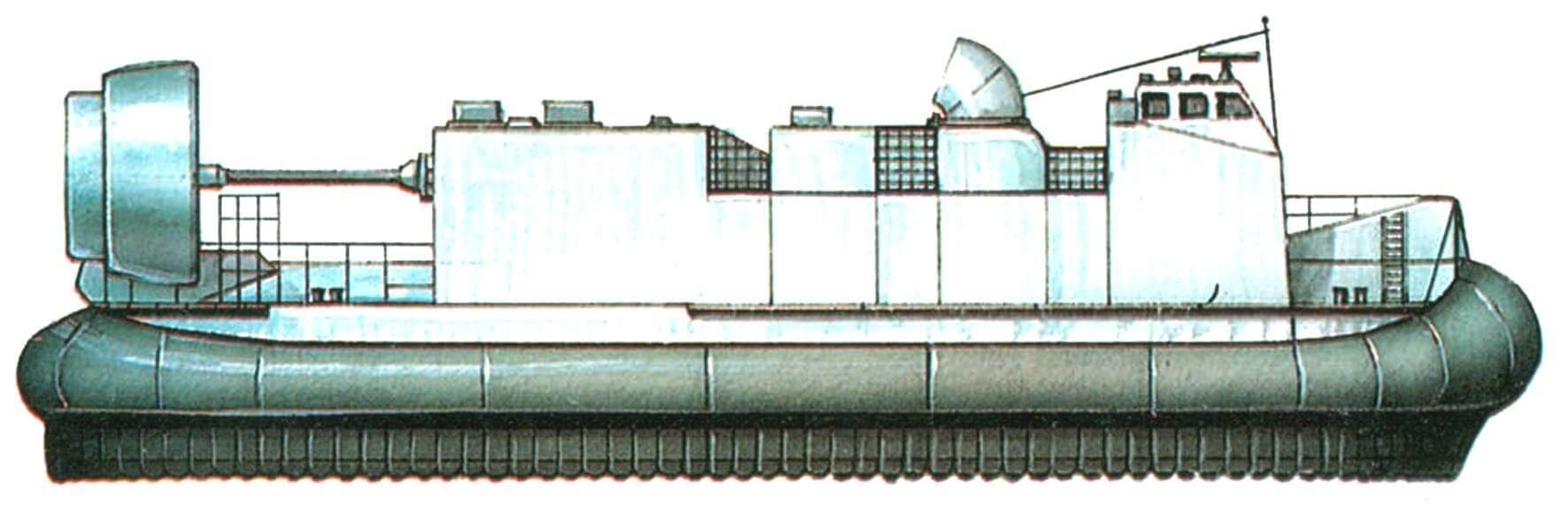 63. Десантный натер на воздушной подушке типа LCAC, США, 1983 г. Водоизмещение стандартное 153,5 т, в грузу 200 т. Длина 26,8 м, ширина 14,3 м, осадка на плаву 0,9 м. Четыре газовые турбины мощностью 12 400 л.с., скорость 40 узлов. Вместимость: 68—75 т груза. Всего в 1983—1994 годах построена 91 единица.