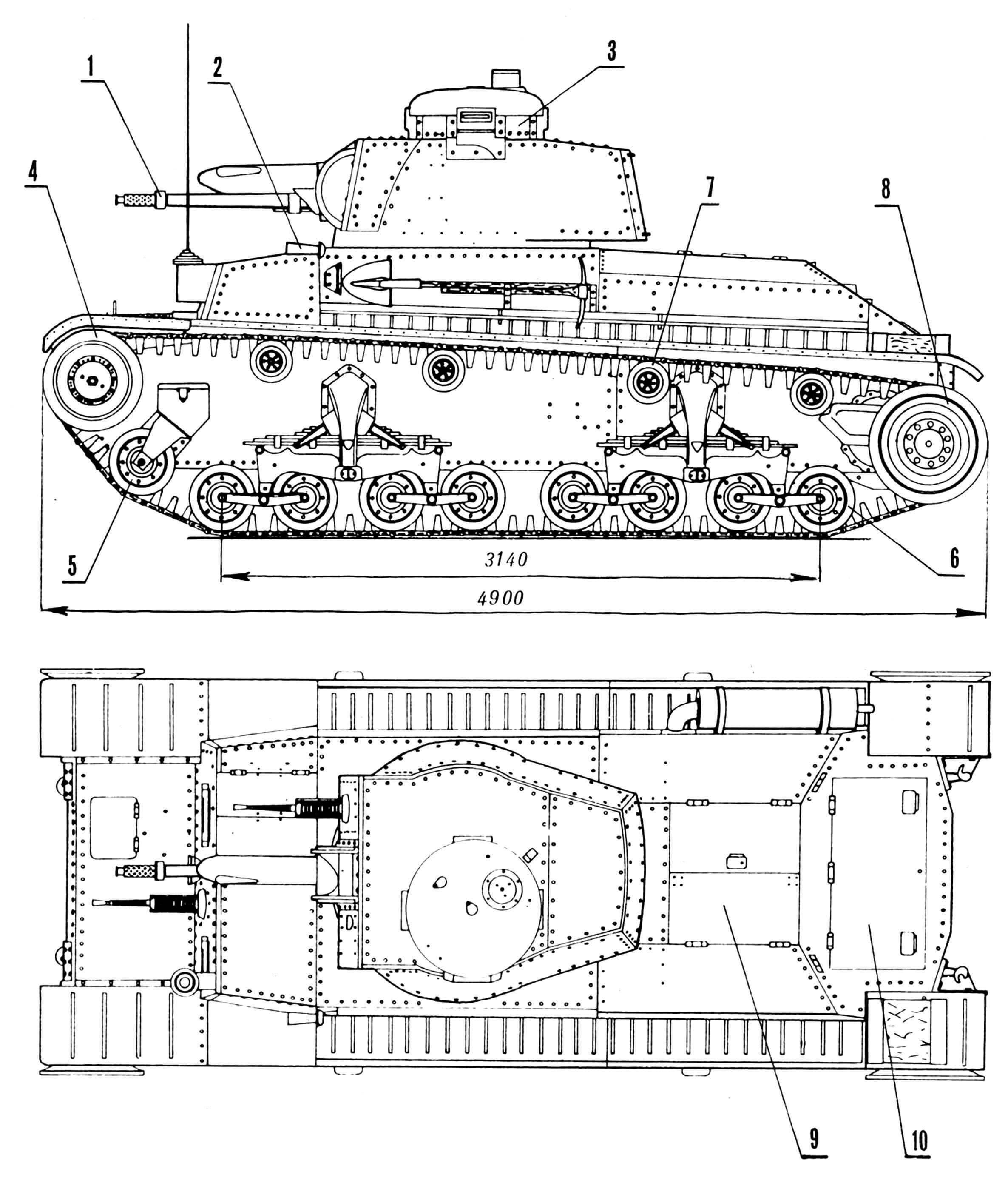 Легкий танк LT vz.35: 1 — 37-мм пушка A-3, 2 — сигнал, 3 — командирская башенка, 4 — направляющее колесо, 5 — упорный каток, 6 — опорный каток, 7 — поддерживающий каток, 8 — ведущее колесо, 9 — крышка люка для доступа к двигателю, 10 — крышка люка для доступа к трансмиссии, 11 — глушитель, 12 — кронштейны тележек подвески, 13 — кронштейн упорного катка, 14 — фара, 15 — крышка люка механика-водителя, 16 — смотровой лючок механика-водителя, 17 — бронировка выхода антенны, 18 — смотровой лючок стрелка-радиста, 19 — 7,92-мм пулемет ZB 53 vz.35, 20 — курсовой визир механика-водителя, 21 — грязевик (на общем виде условно не показан), 22 — буксирные крюки, 23 — смотровая щель, 24 — вентилятор, 25 — упор для крышки люка.