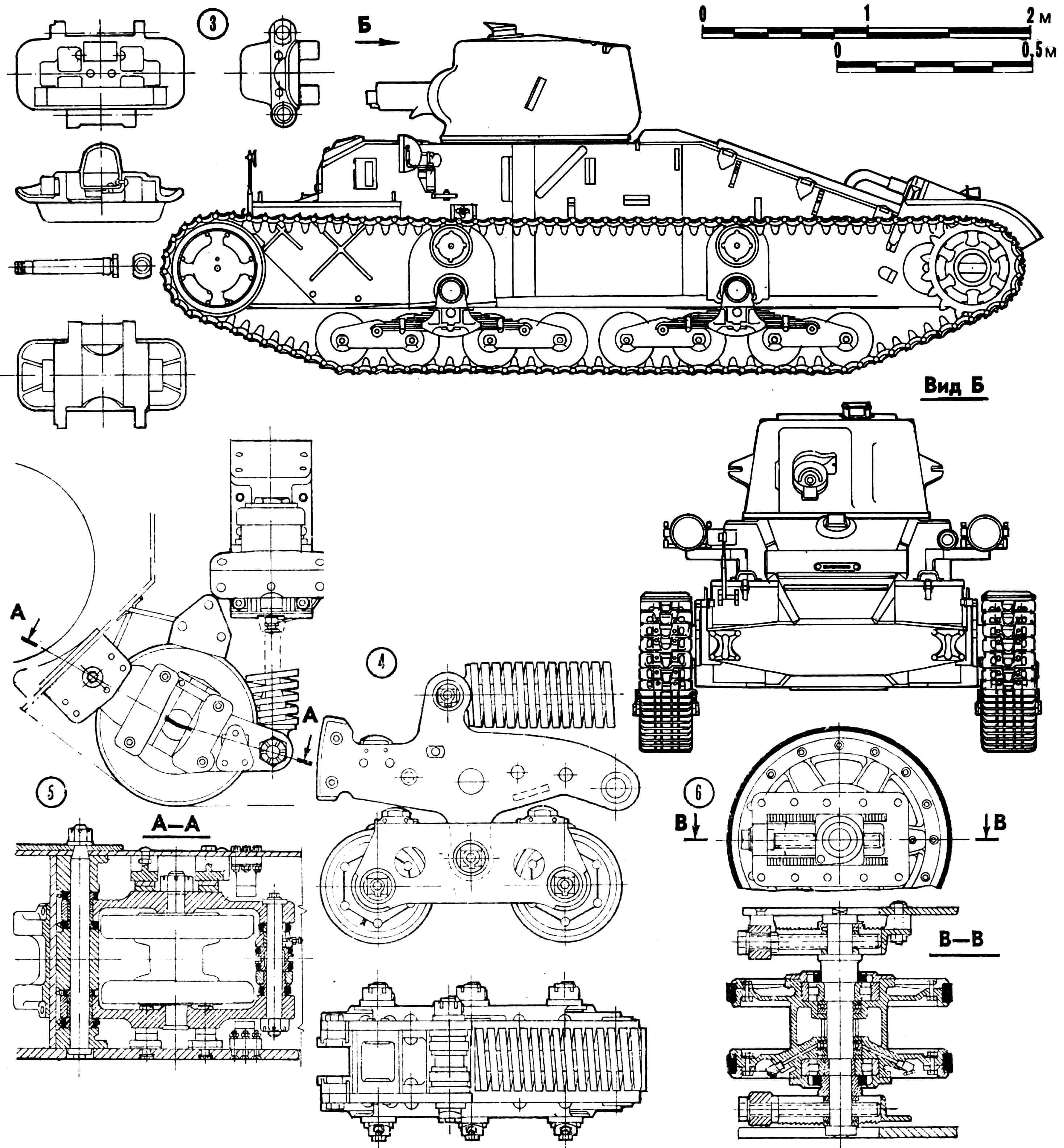 Пехотный танк Мк.II «Матильда»: 1— перископический прибор наблюдения, 2 — ведущее колесо, 3 — трак гусеничной цепи, 4 — тележка подвески, 5 — вспомогательный каток, 6 — направляющее колесо, 7 —дымовые мортирки, 8 — дополнительный топливный бак, 9 — выхлопная труба, 10 — люк командира танка, 11 — перископический прибор наблюдения механика-водителя, 12 — фара.