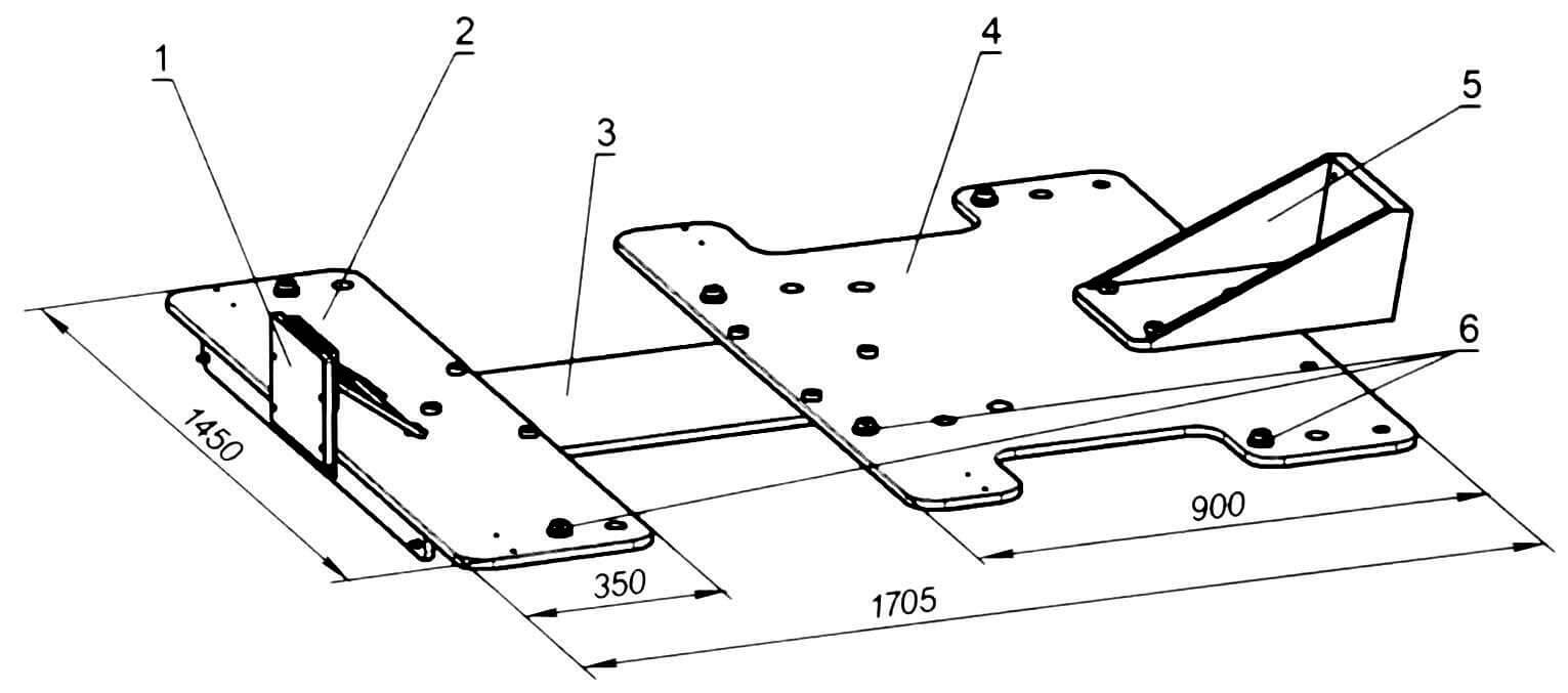 Мостик с кронштейнами креплении подвесных моторов: 1 - носовой кронштейн ПЛМ; 2 - мостик носовой; 3 - перемычка; 4 - мостик кормовой; 5 - кормовой кронштейн ПЛМ; 6 - эластичные втулки